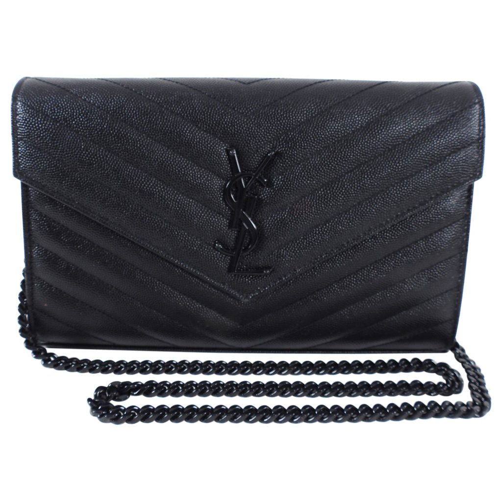 Saint Laurent All Black Chevron Envelope Chain Wallet