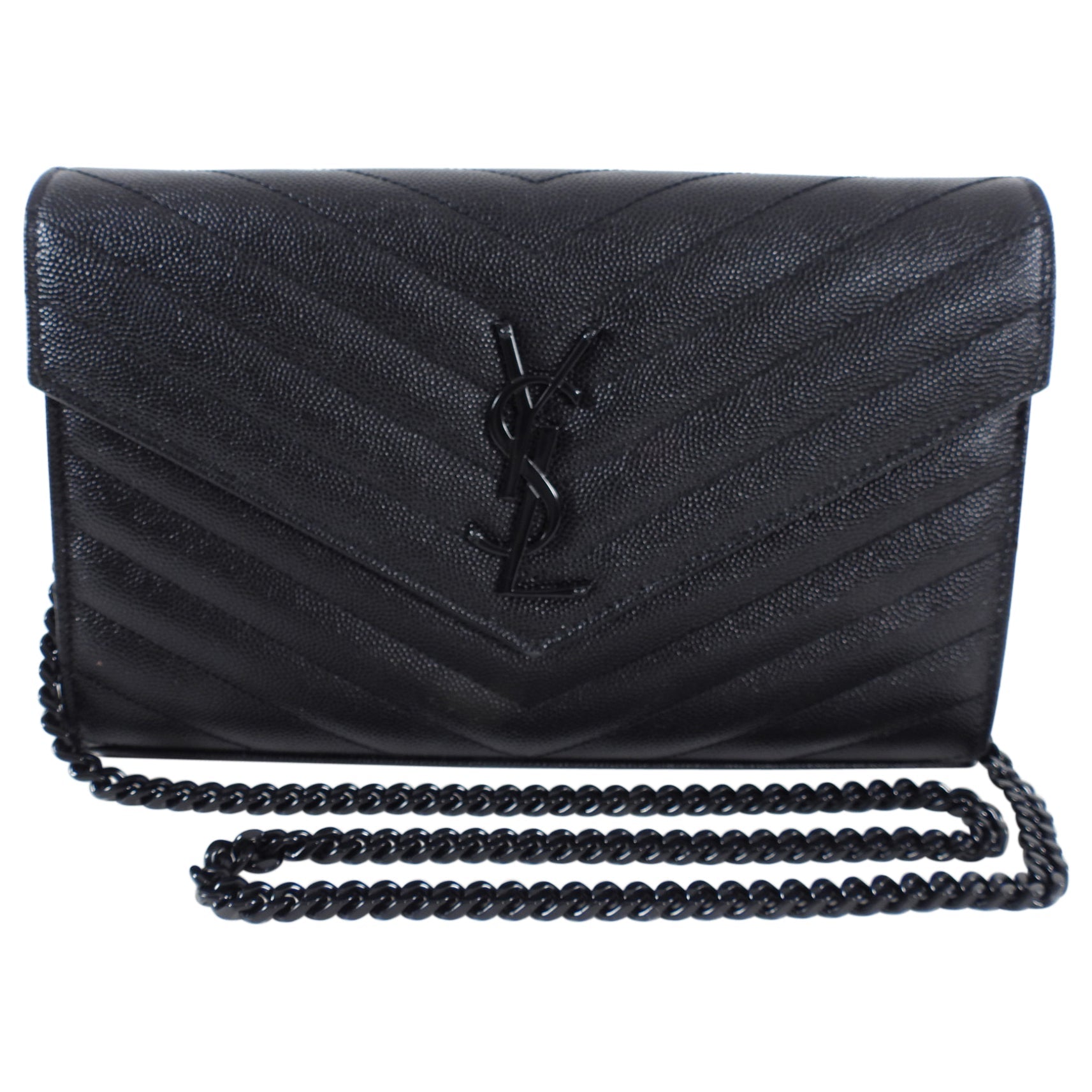 Saint Laurent All Black Chevron Envelope Chain Wallet
