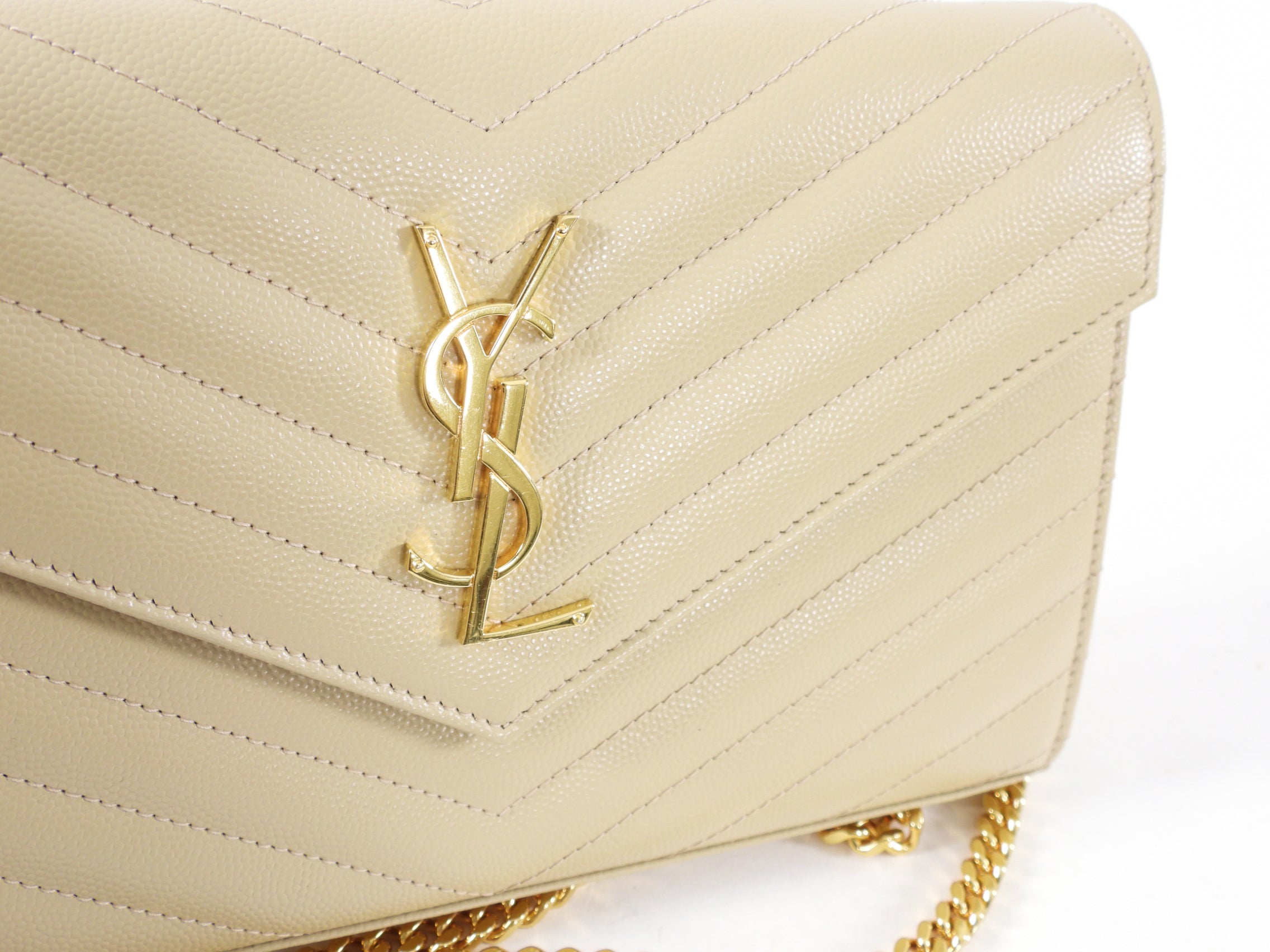 Saint Laurent Beige Chevron Monogramme Chain Wallet Bag