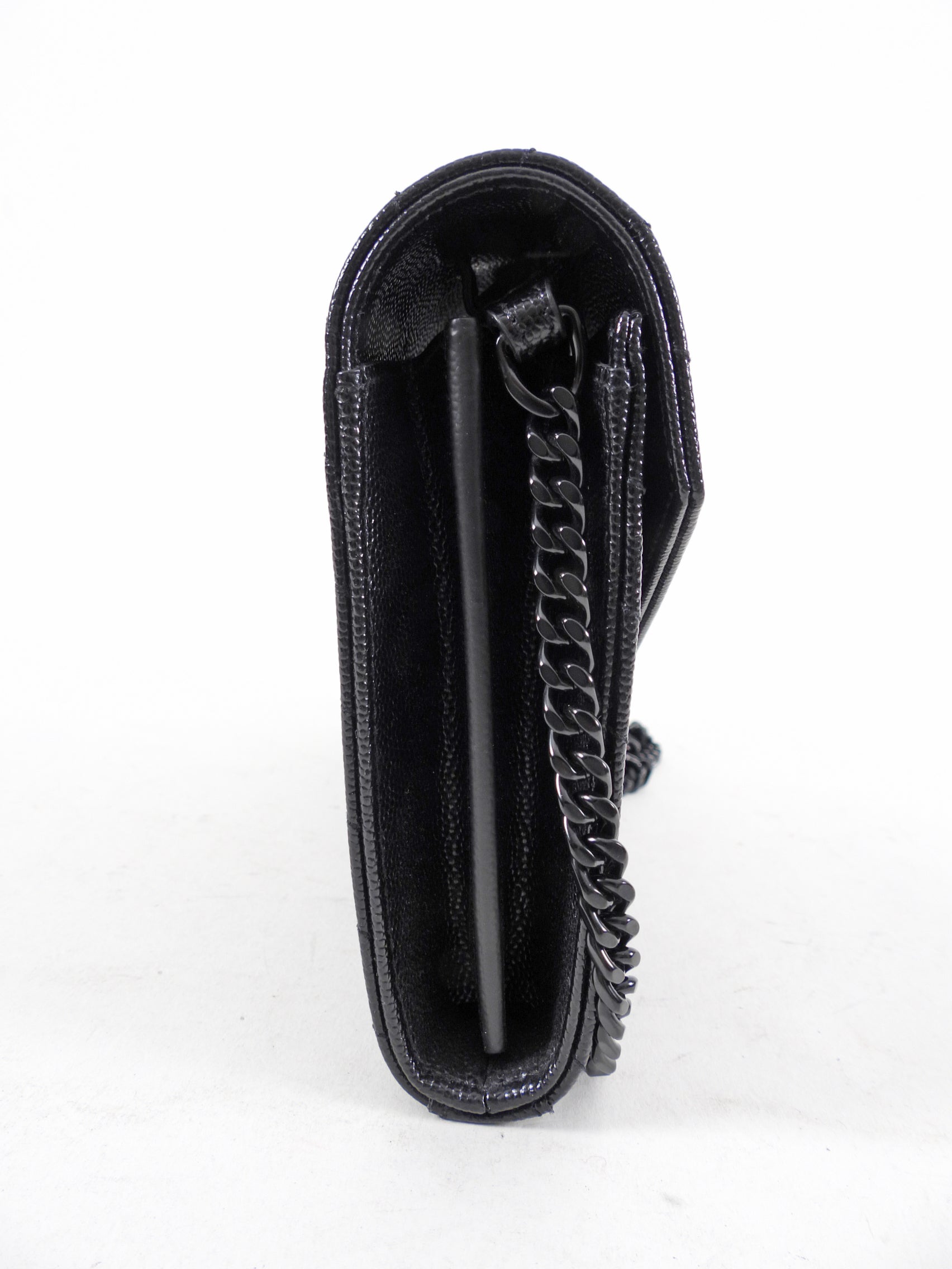 Saint Laurent All Black Monogram Chevron Envelope Chain Wallet