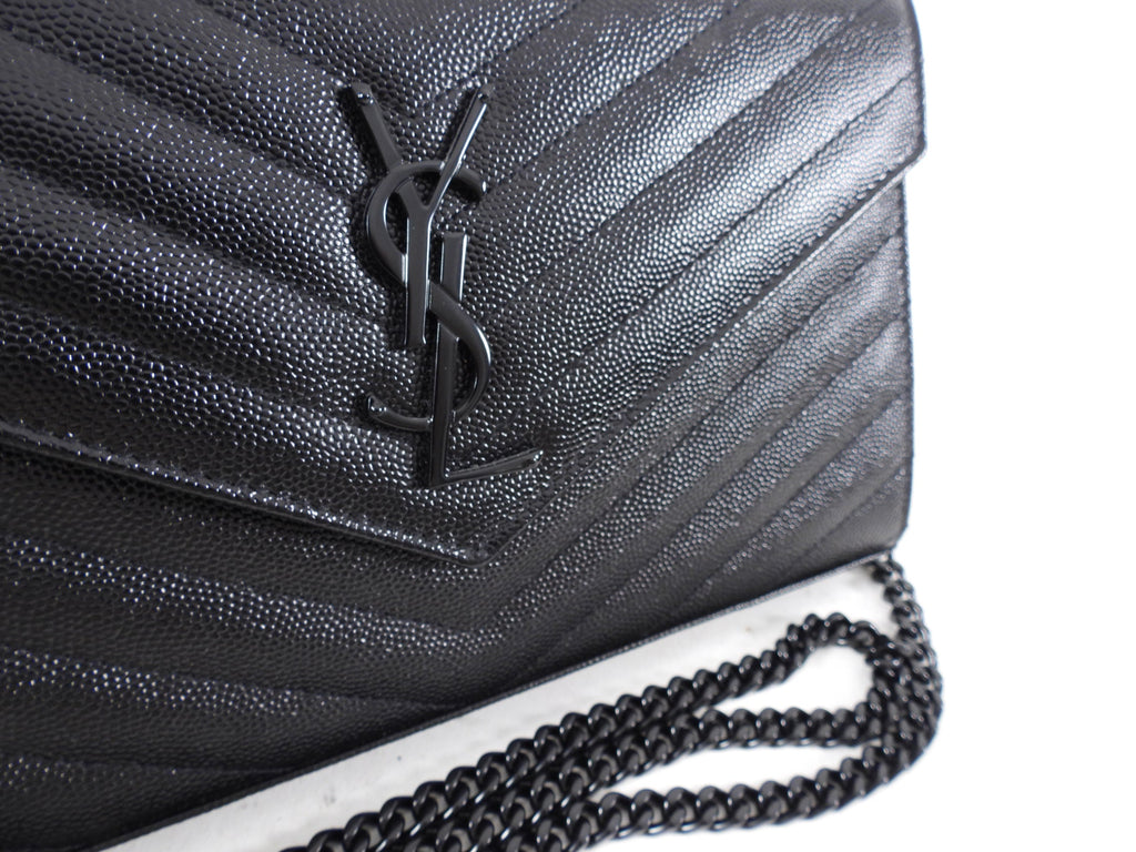 Saint Laurent All Black Monogram Chevron Envelope Chain Wallet
