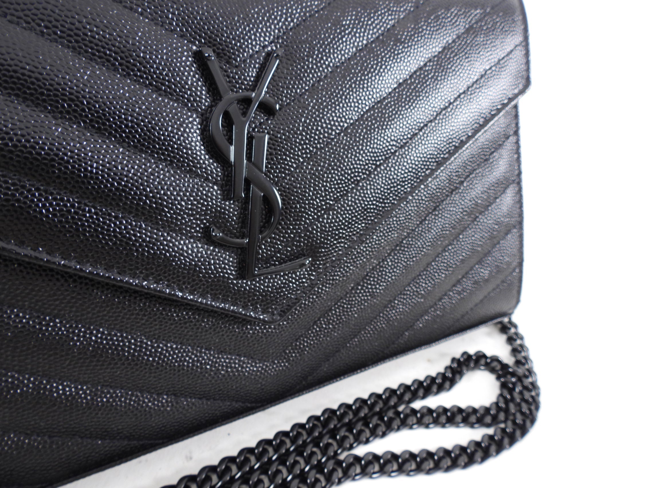 Saint Laurent All Black Monogram Chevron Envelope Chain Wallet