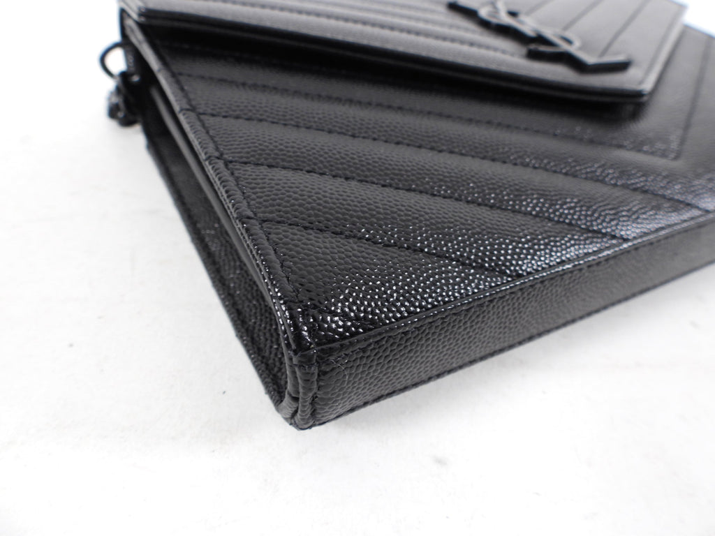 Saint Laurent All Black Monogram Chevron Envelope Chain Wallet
