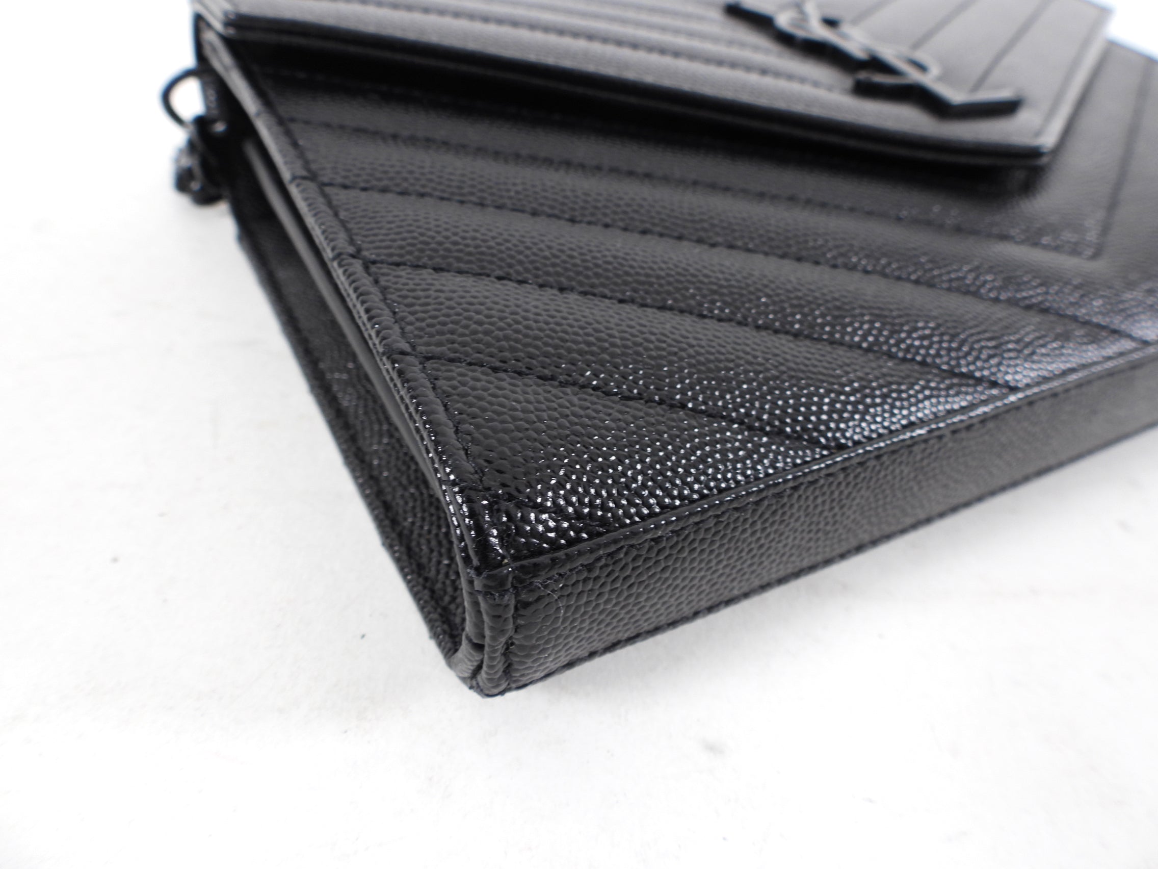 Saint Laurent All Black Monogram Chevron Envelope Chain Wallet