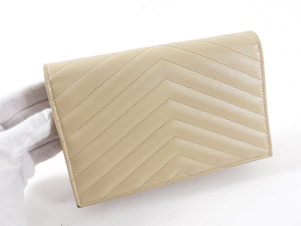 Saint Laurent Beige Chevron Monogram Wallet on Chain Crossbody