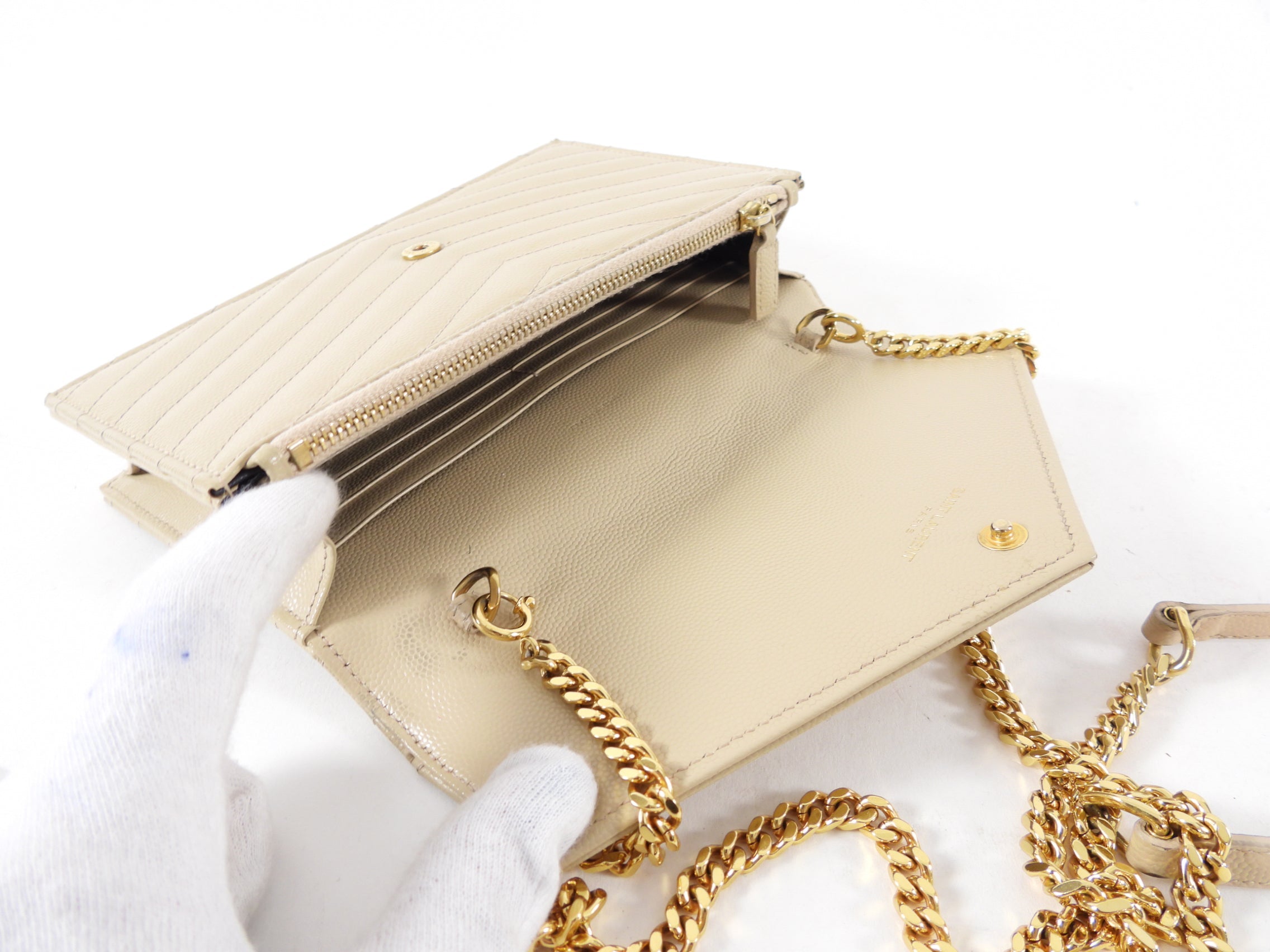 Saint Laurent Beige Chevron Monogram Wallet on Chain Crossbody