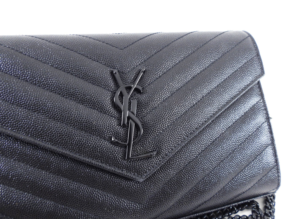 Saint Laurent All Black Chevron Envelope Chain Wallet