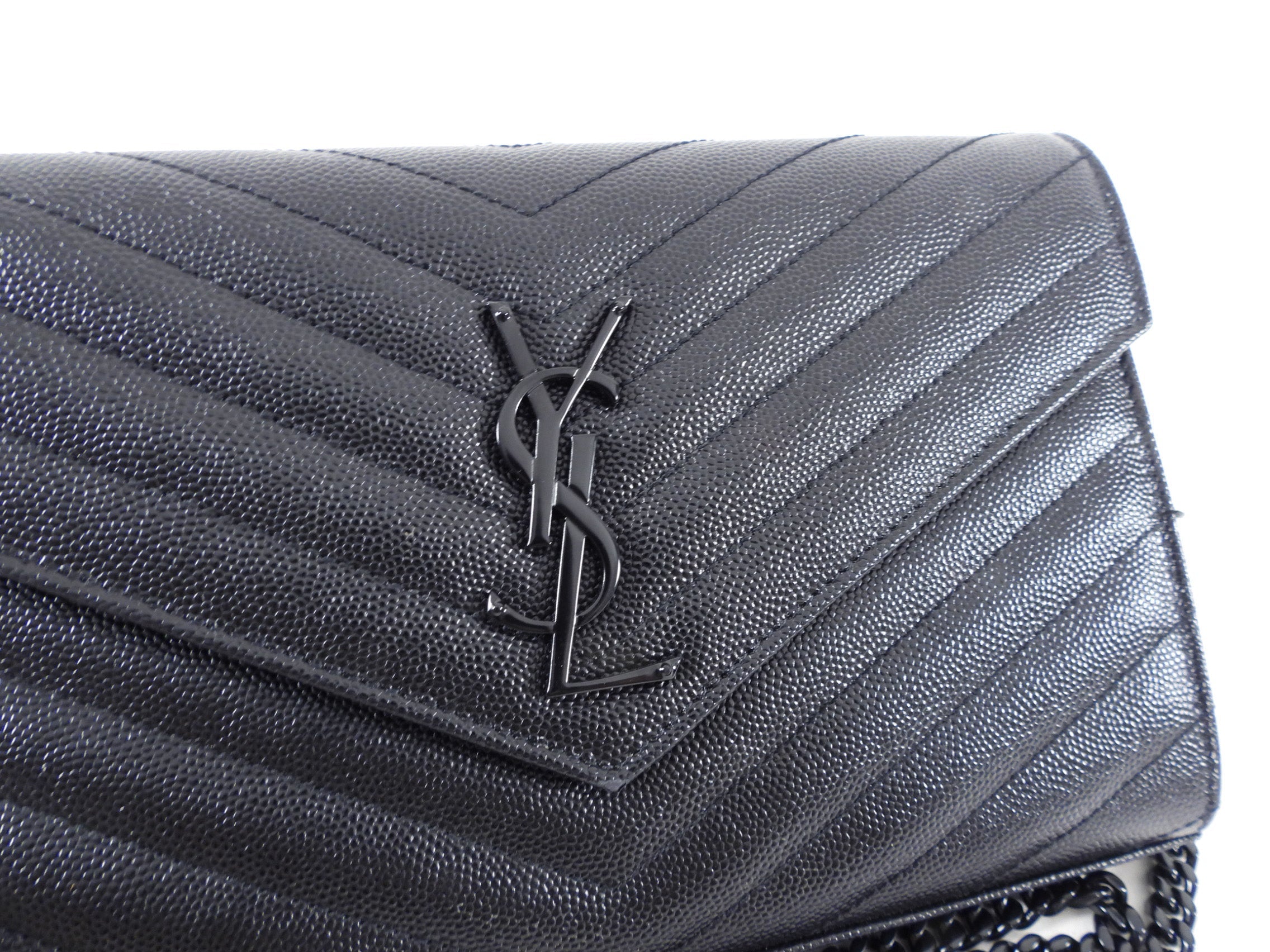 Saint Laurent All Black Chevron Envelope Chain Wallet