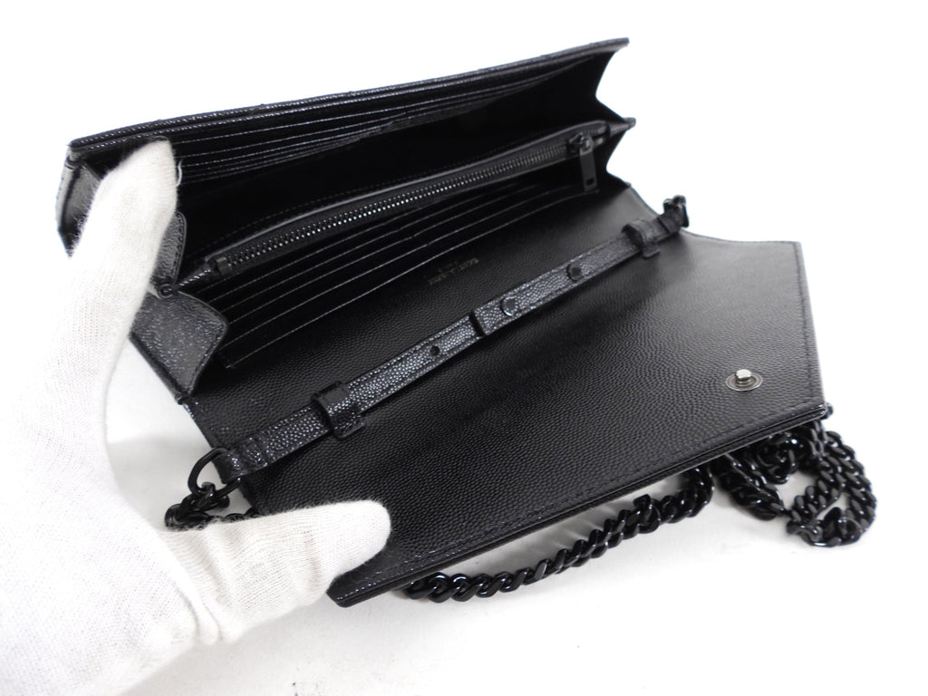 Saint Laurent All Black Monogram Chevron Envelope Chain Wallet