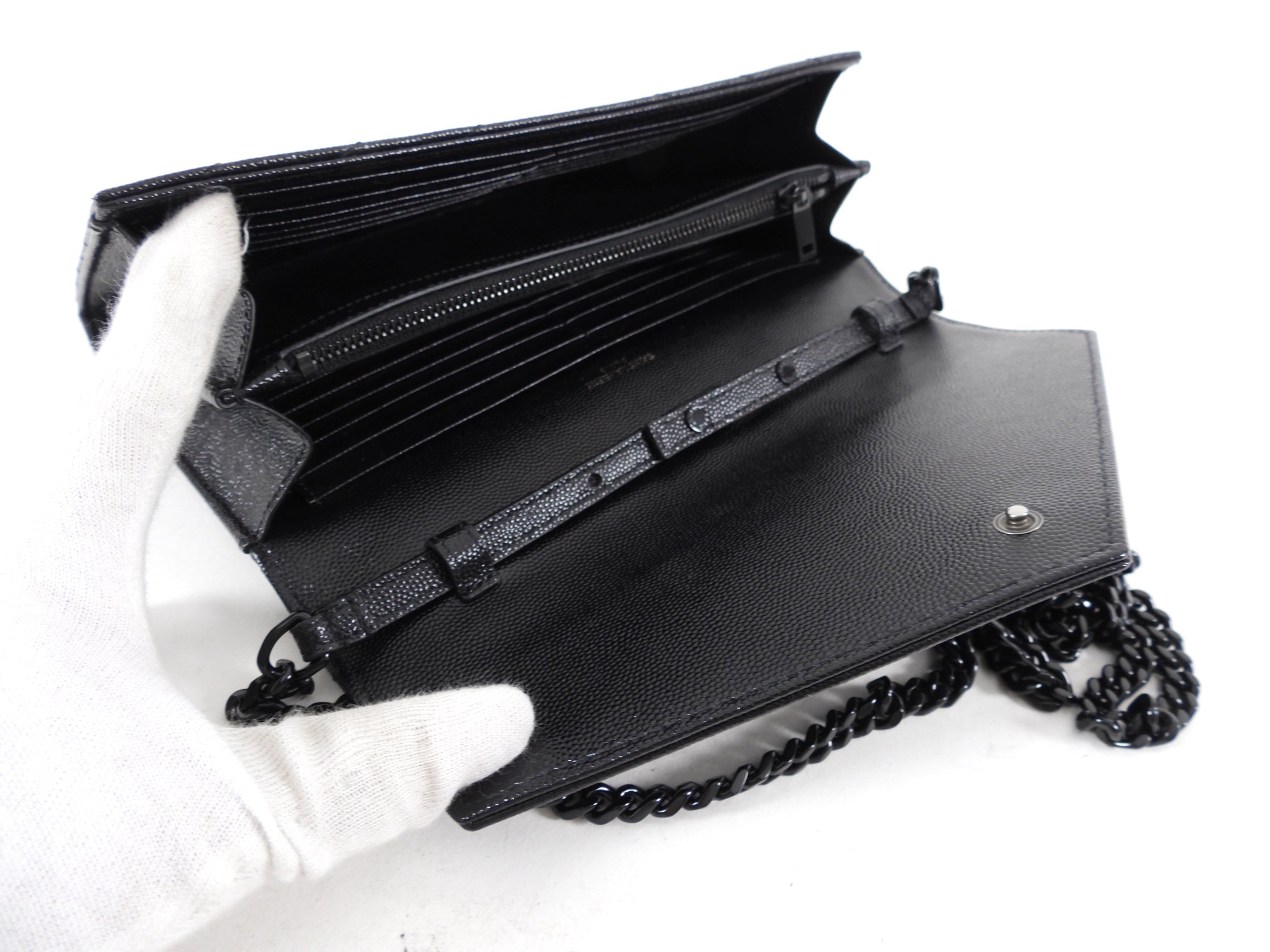 Saint Laurent All Black Monogram Chevron Envelope Chain Wallet