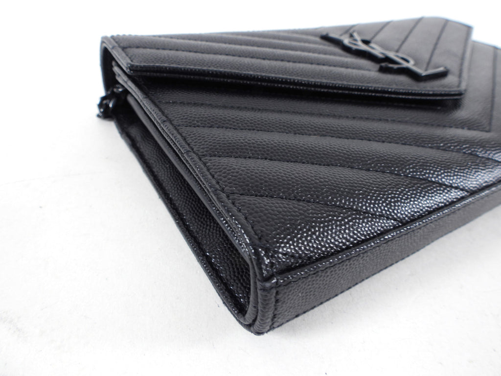 Saint Laurent All Black Chevron Envelope Chain Wallet