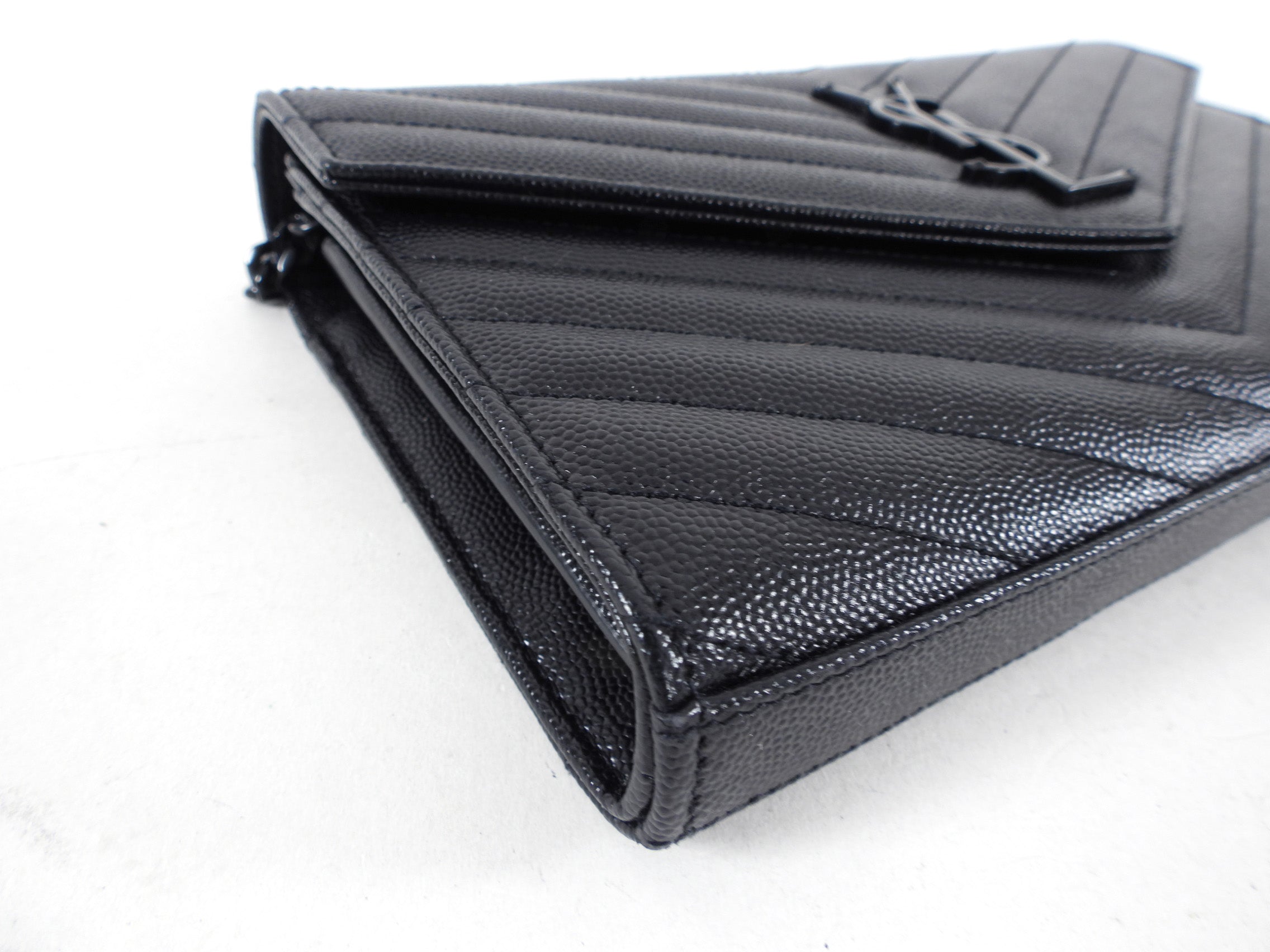 Saint Laurent All Black Chevron Envelope Chain Wallet