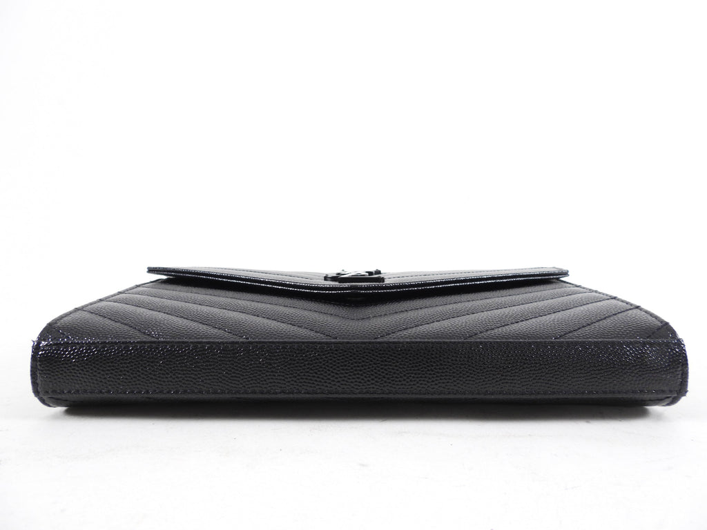 Saint Laurent All Black Monogram Chevron Envelope Chain Wallet