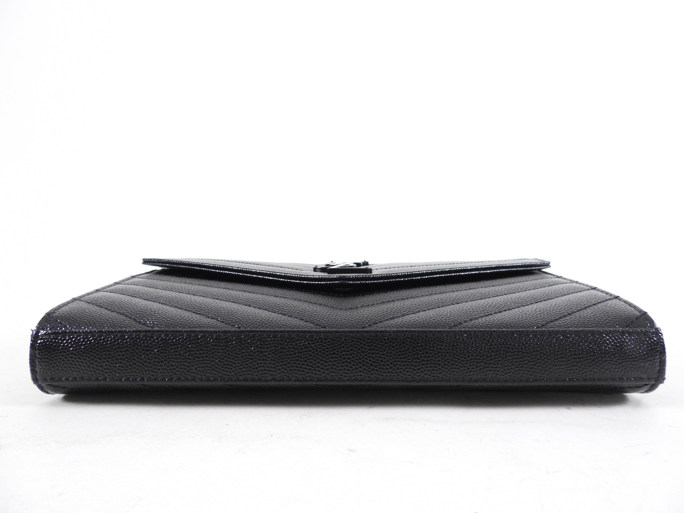 Saint Laurent All Black Monogram Chevron Envelope Chain Wallet