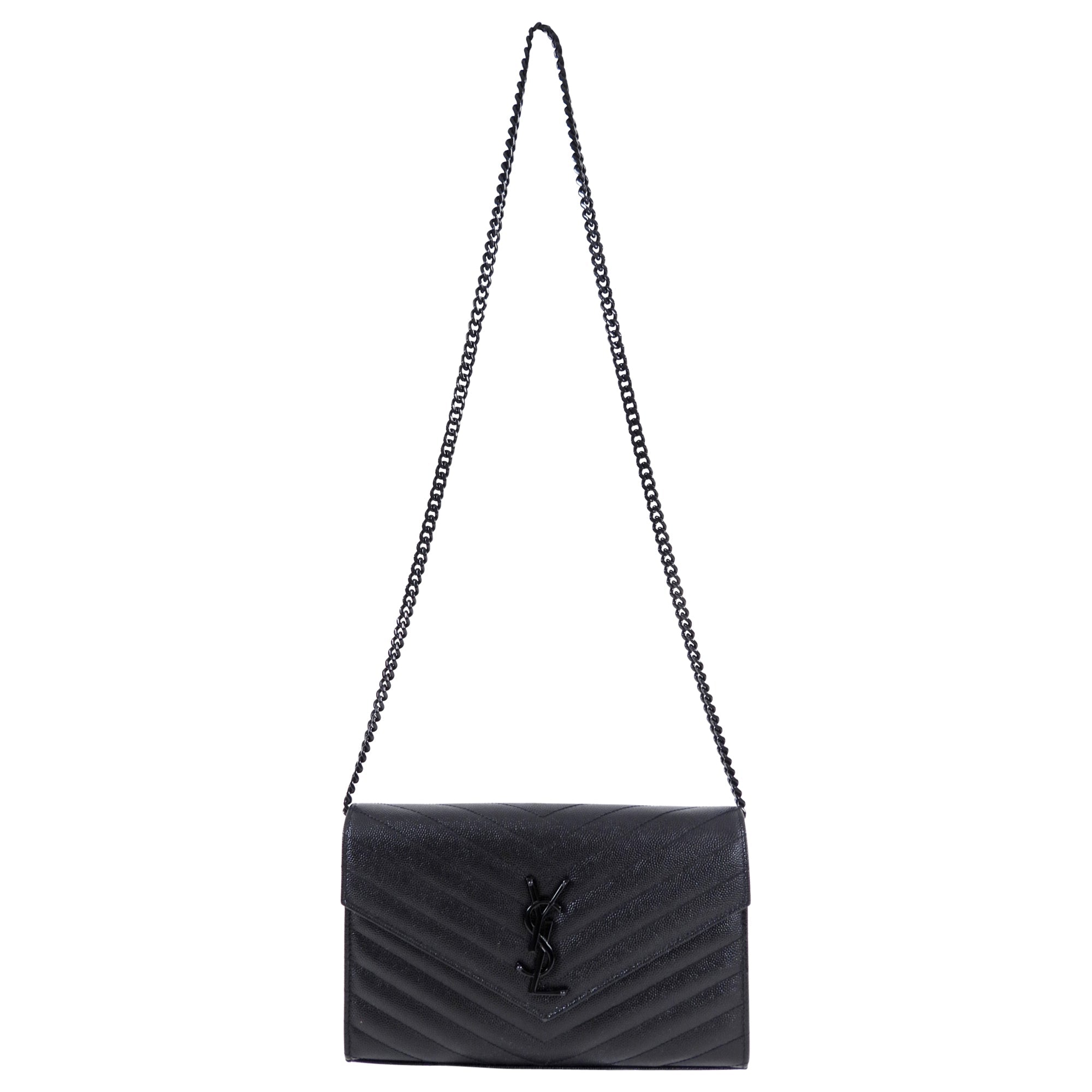 Saint Laurent All Black Chevron Envelope Chain Wallet