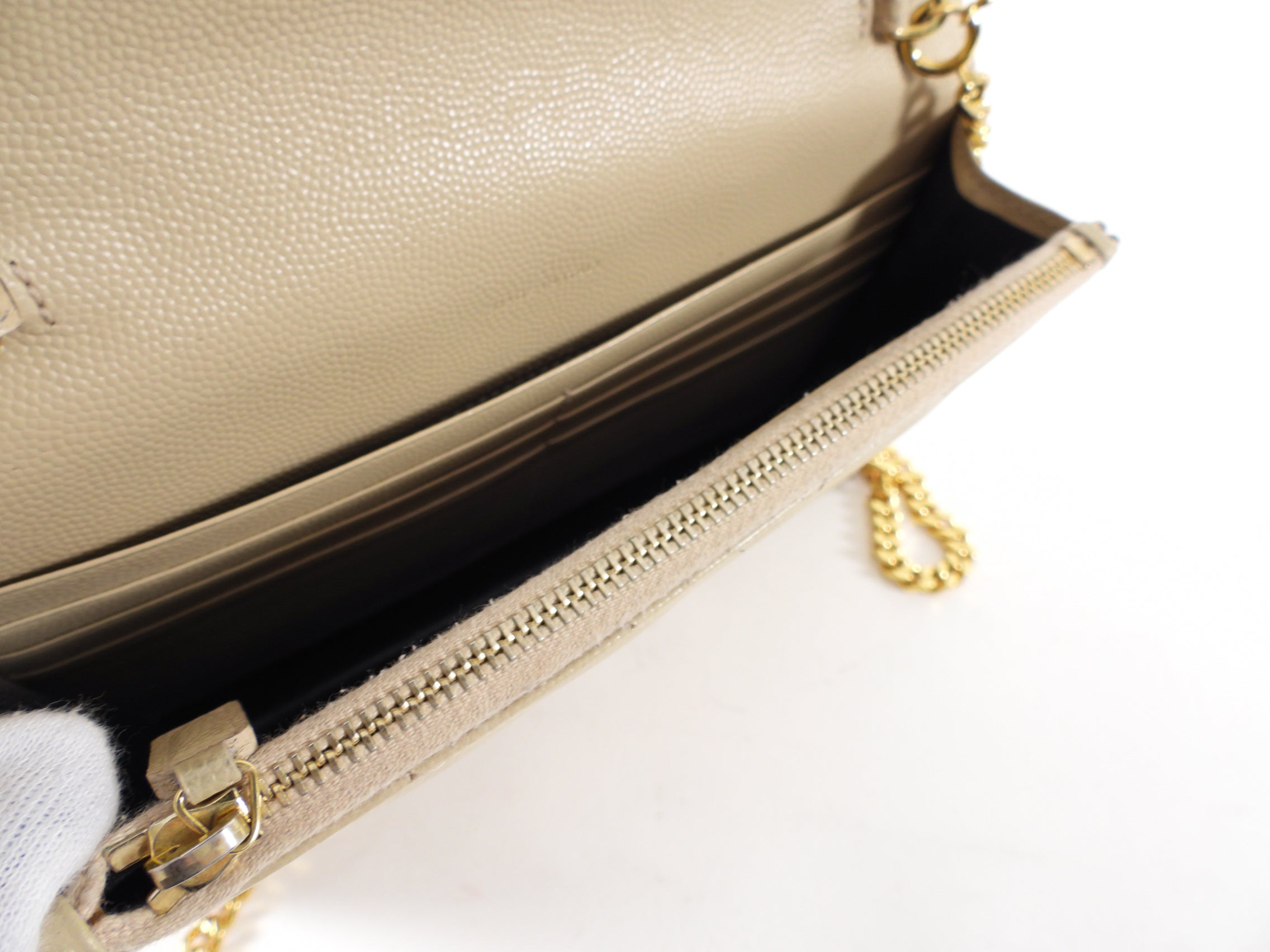 Saint Laurent Beige Chevron Monogram Wallet on Chain Crossbody