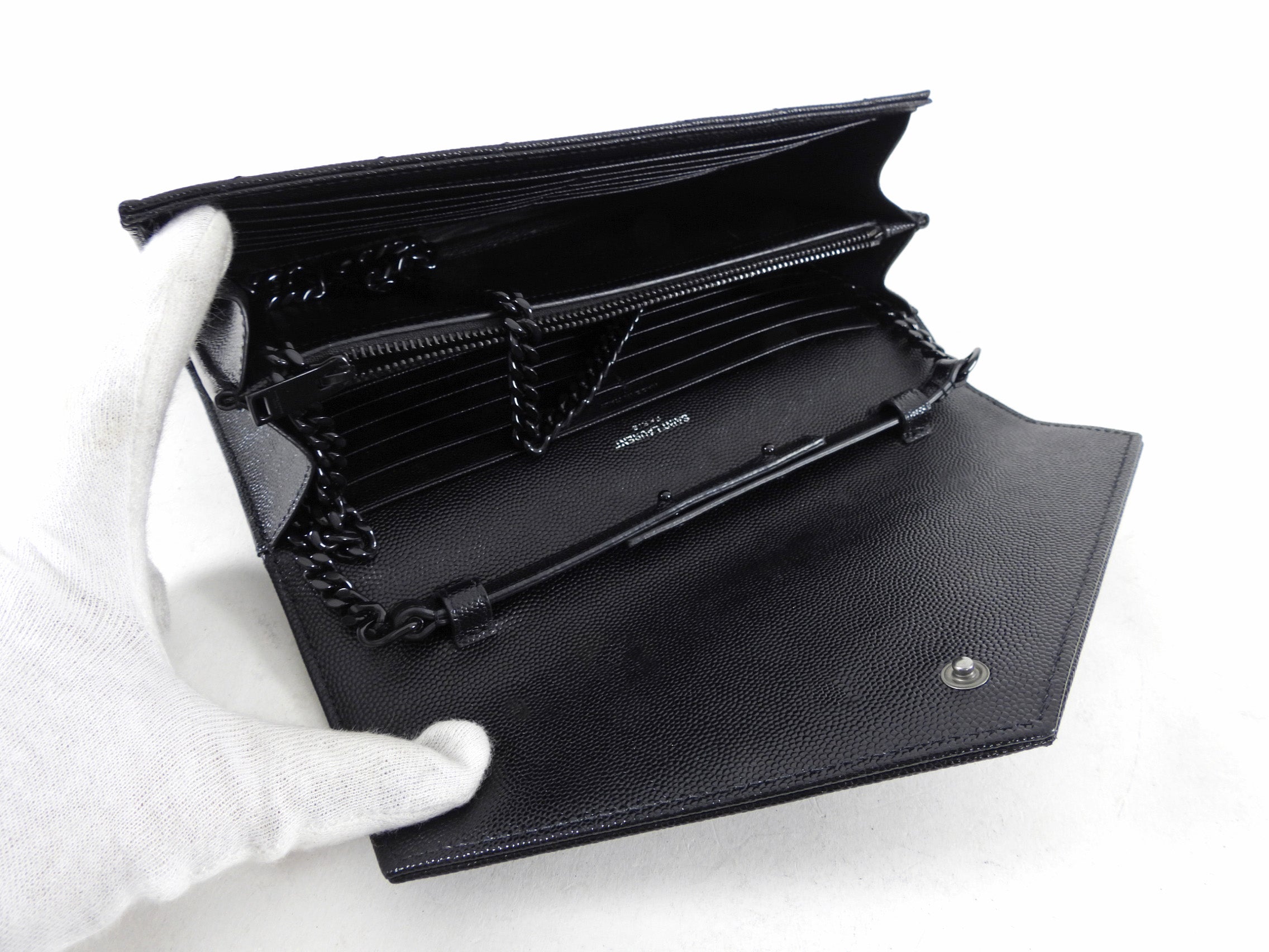 Saint Laurent All Black Chevron Envelope Chain Wallet