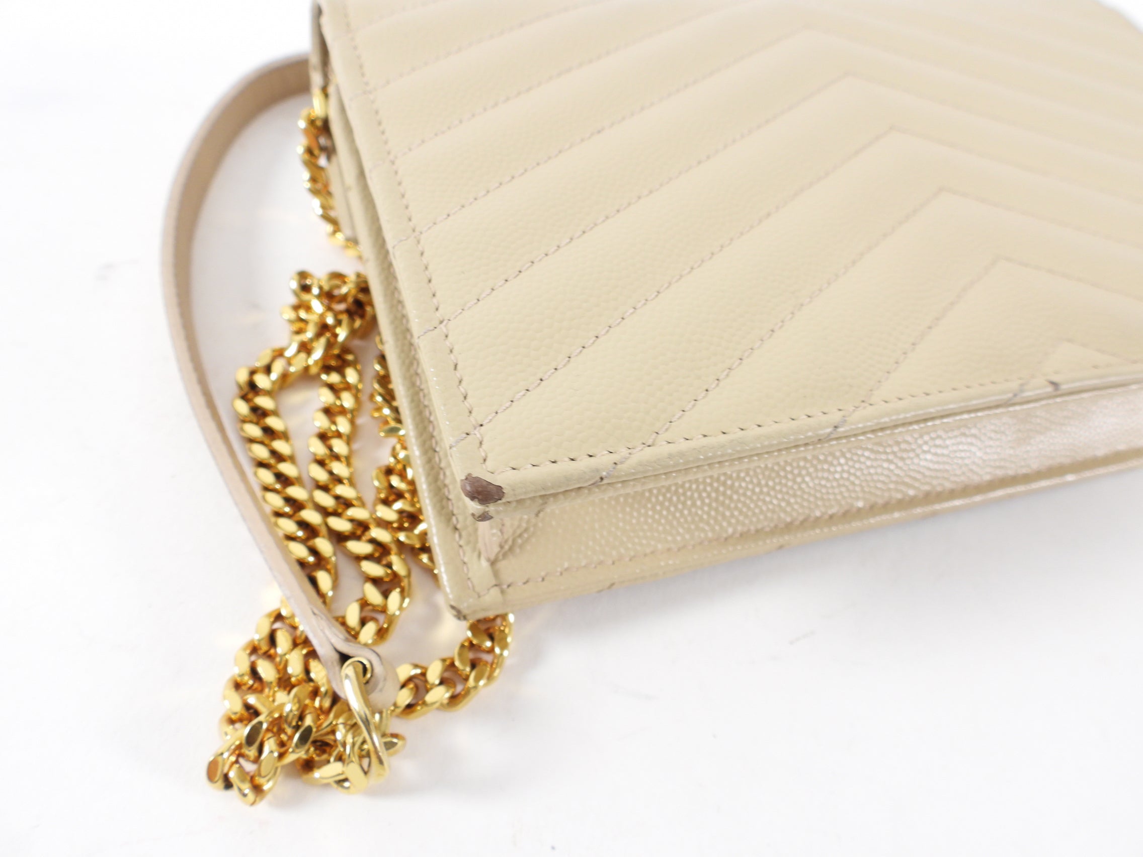 Saint Laurent Beige Chevron Monogram Wallet on Chain Crossbody
