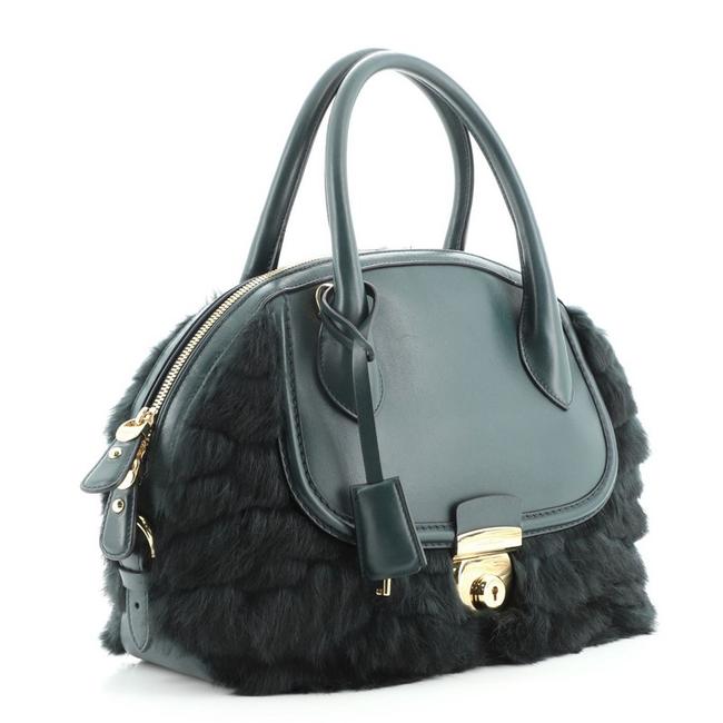 SALVATORE FERRAGAMO FIAMMA GREEN RABBIT FUR SATCHEL