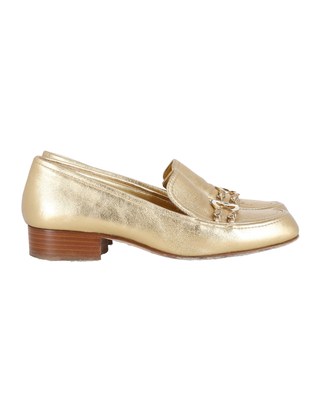 Chanel Chain CC Logo Loafers in Gold Leather