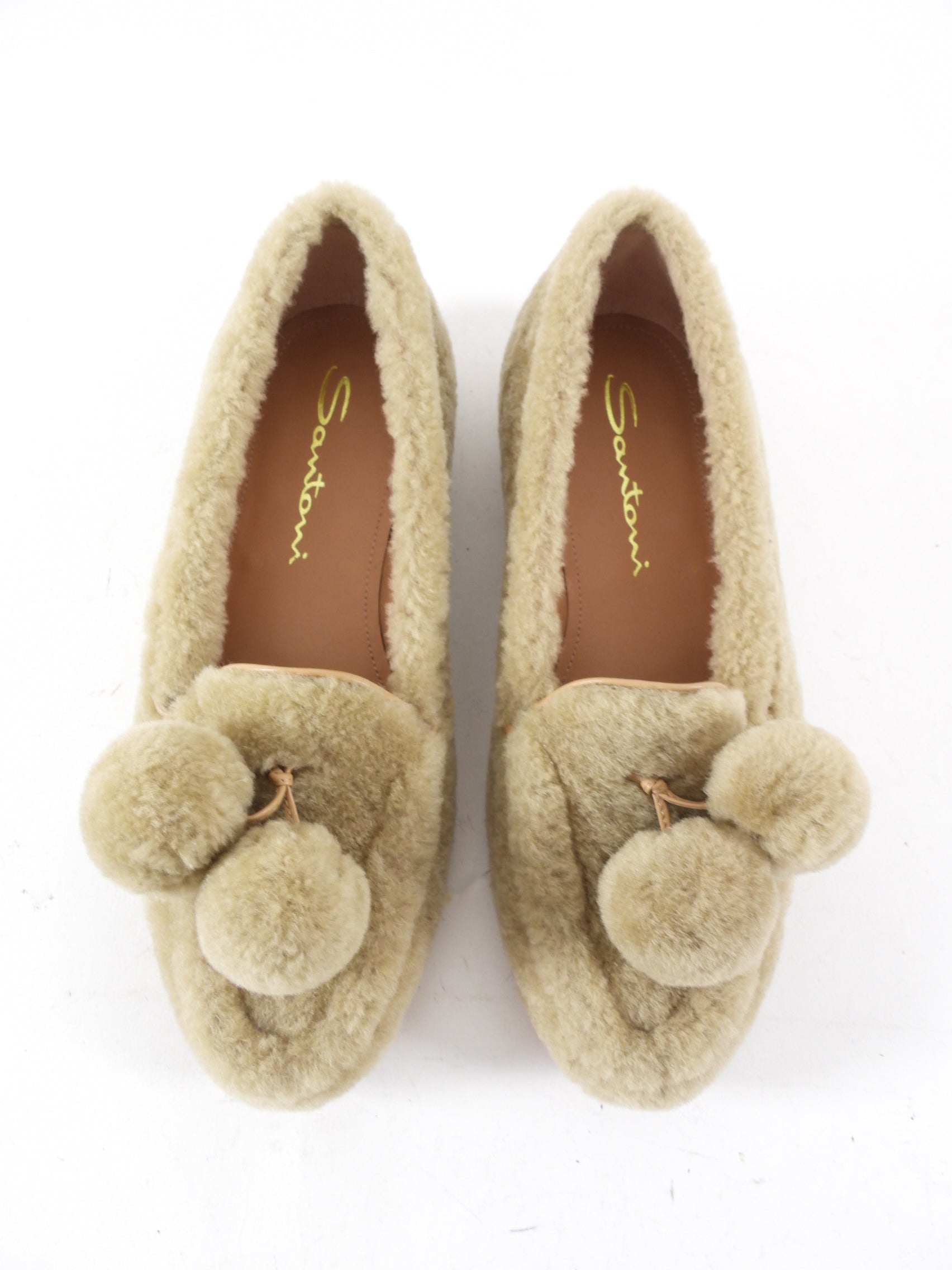 Santoni Camel Shearling Pom Pom Loafers - 36.5