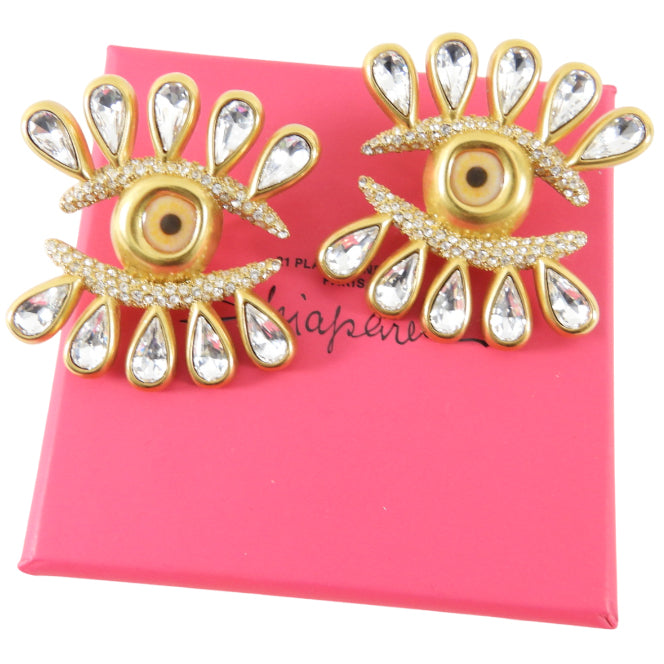 Schiaparelli Rhinestone Enamel and Crystal Eyelash Earrings