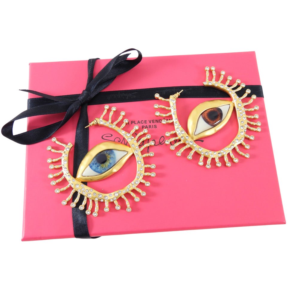 Schiaparelli Extra Large Enamel Eye Crystal Hoop Earrings