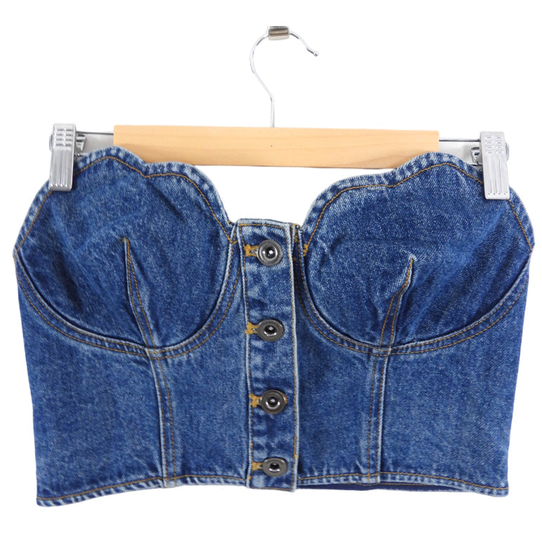 Self Portrait Bandeau Denim Crop Top with Scalloped Edge - 4