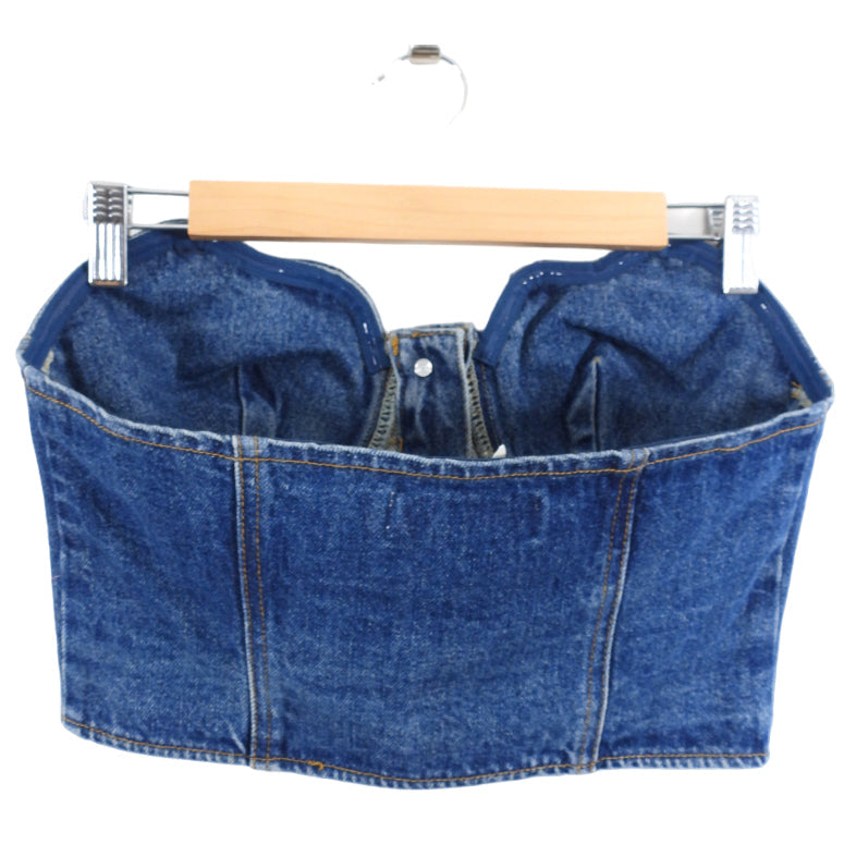 Self Portrait Bandeau Denim Crop Top with Scalloped Edge - 4