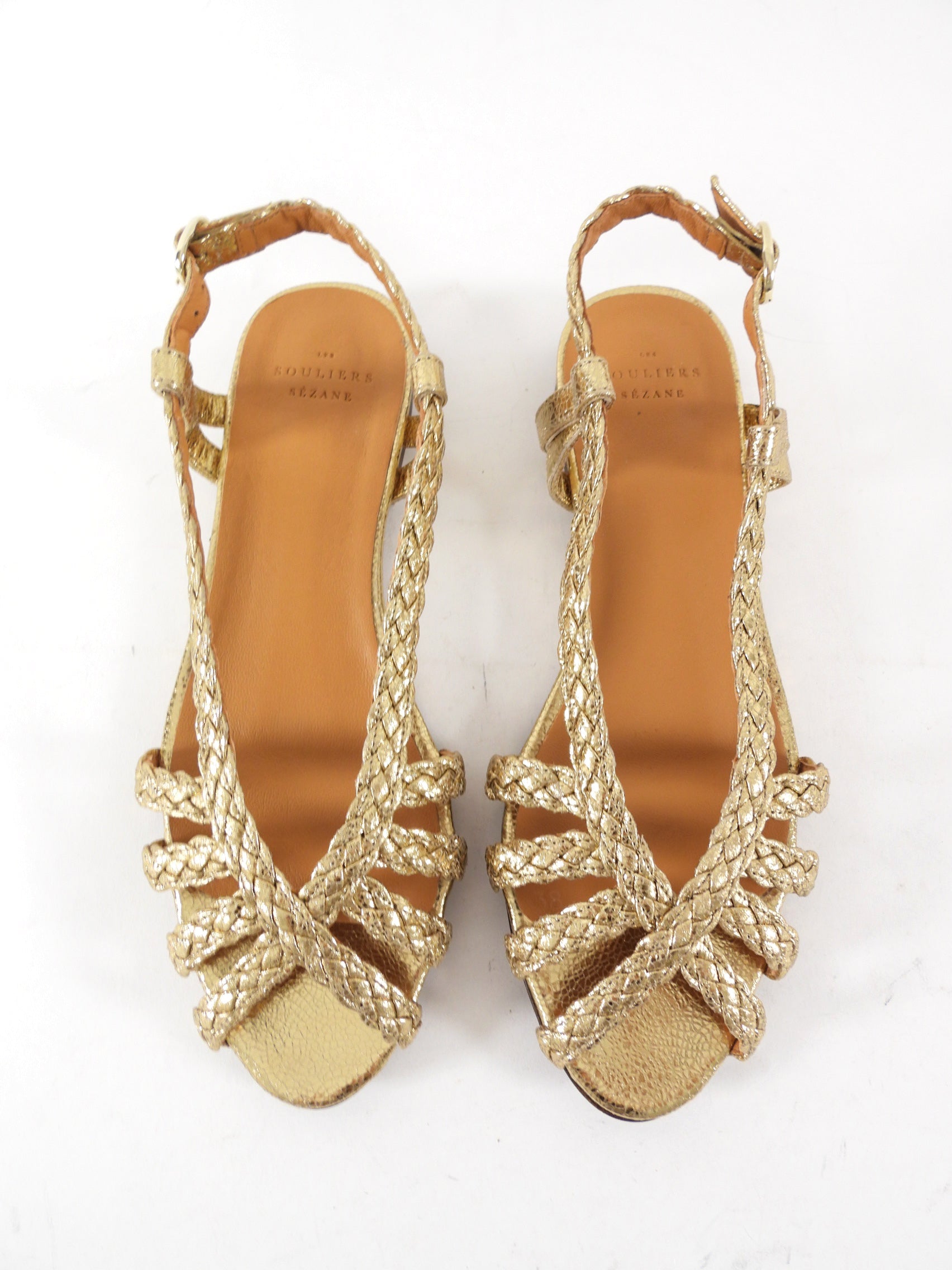 Sezanne Gold Leather Woven Flat Sandals - 38