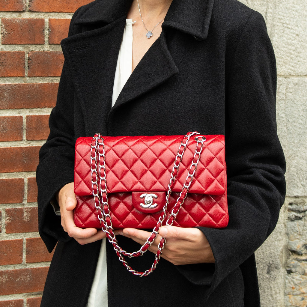 Chanel Red Quilted Caviar Classic Medium Double Flap Bag
