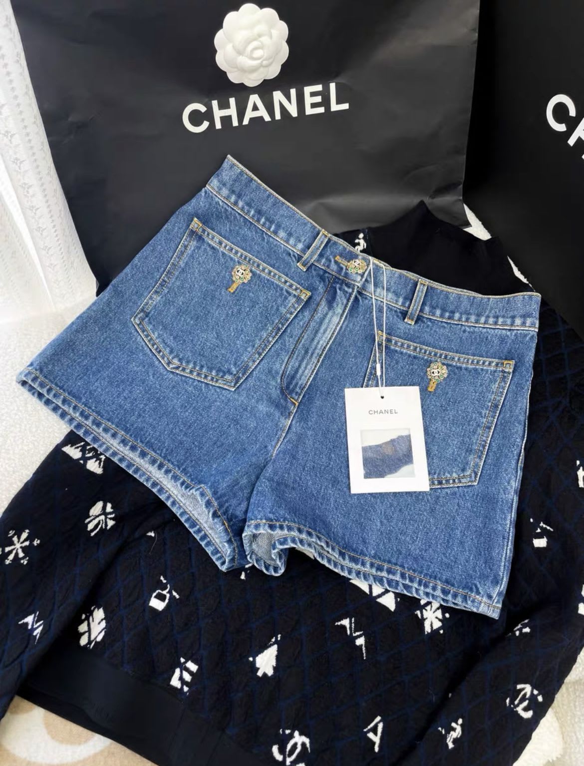 Chanel 22A Blue Gem Button Two-Pocket Denim Shorts