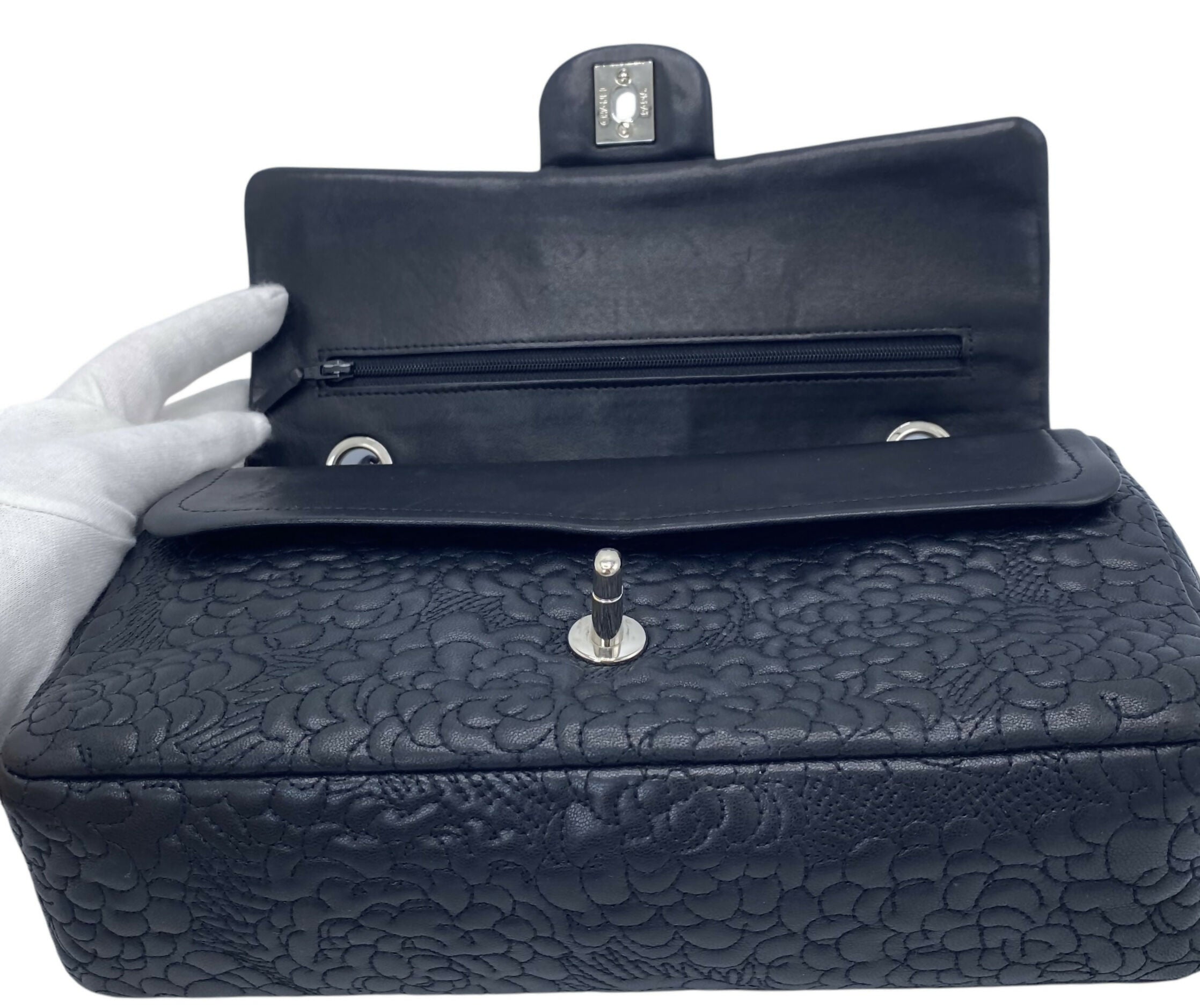 Chanel Black Camellia Embossed Lambskin Classic Timeless Medium Double Flap Bag SHW