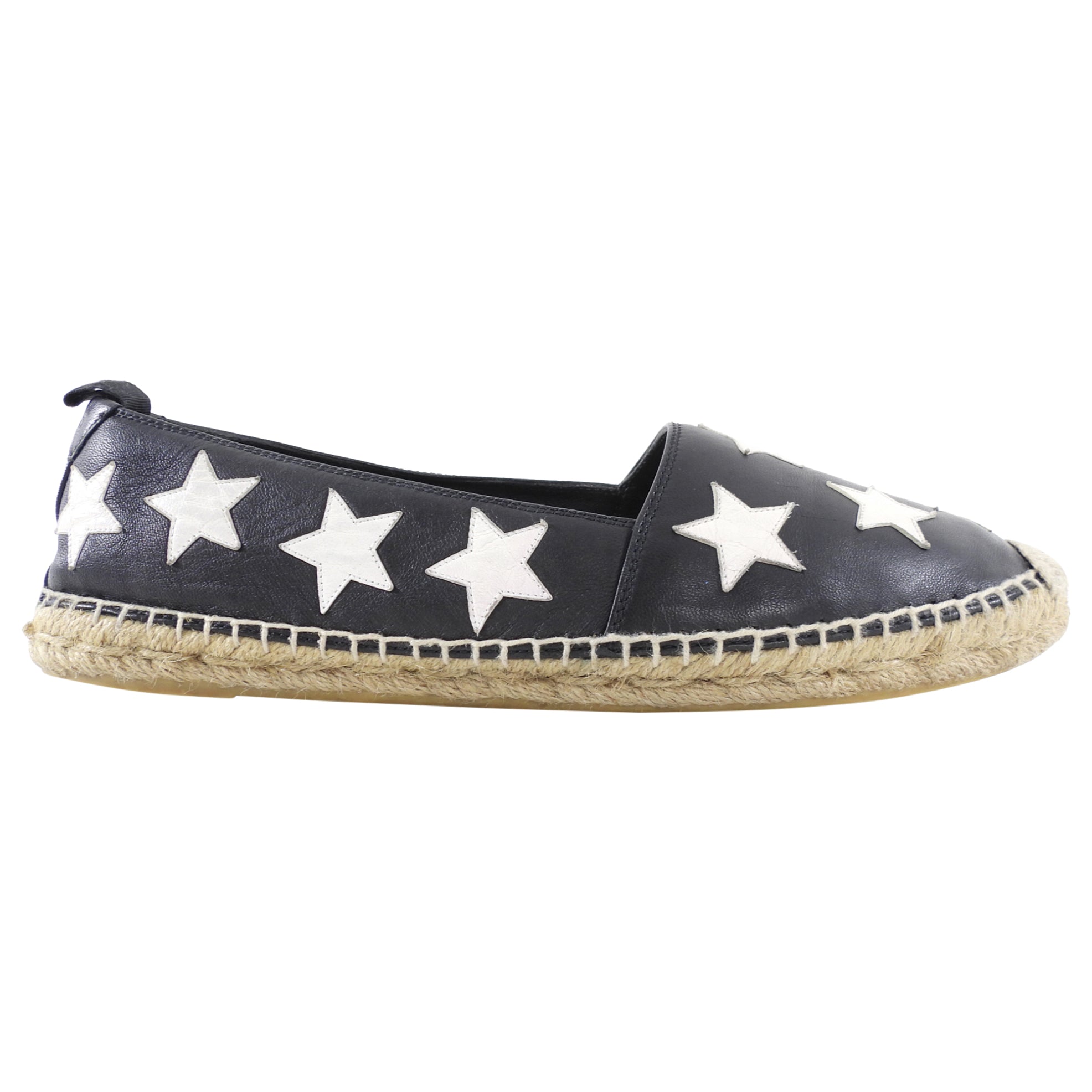 Saint Laurent Black Leather Star Design Espadrille Shoes - 37.5