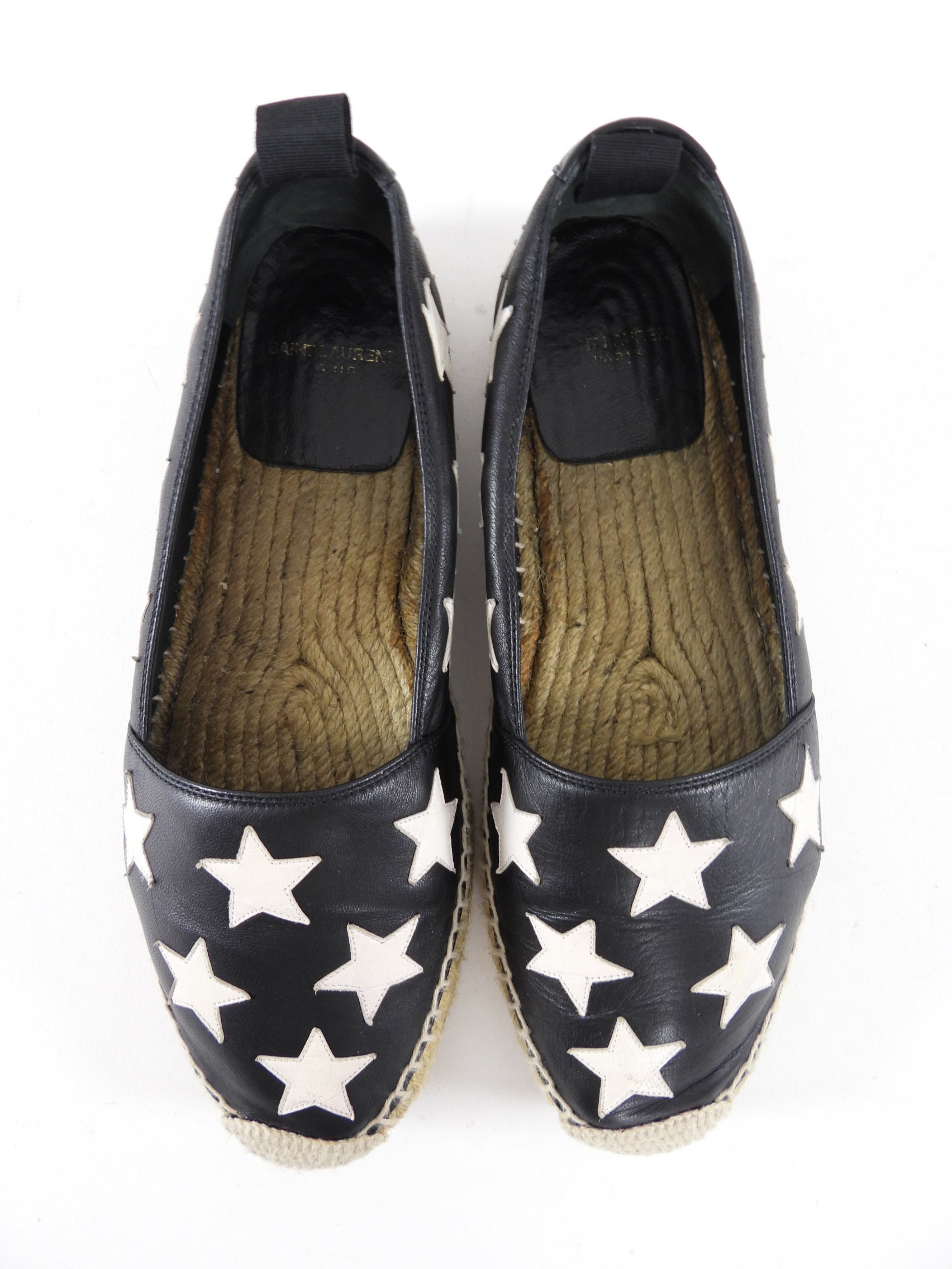 Saint Laurent Black Leather Star Design Espadrille Shoes - 37.5