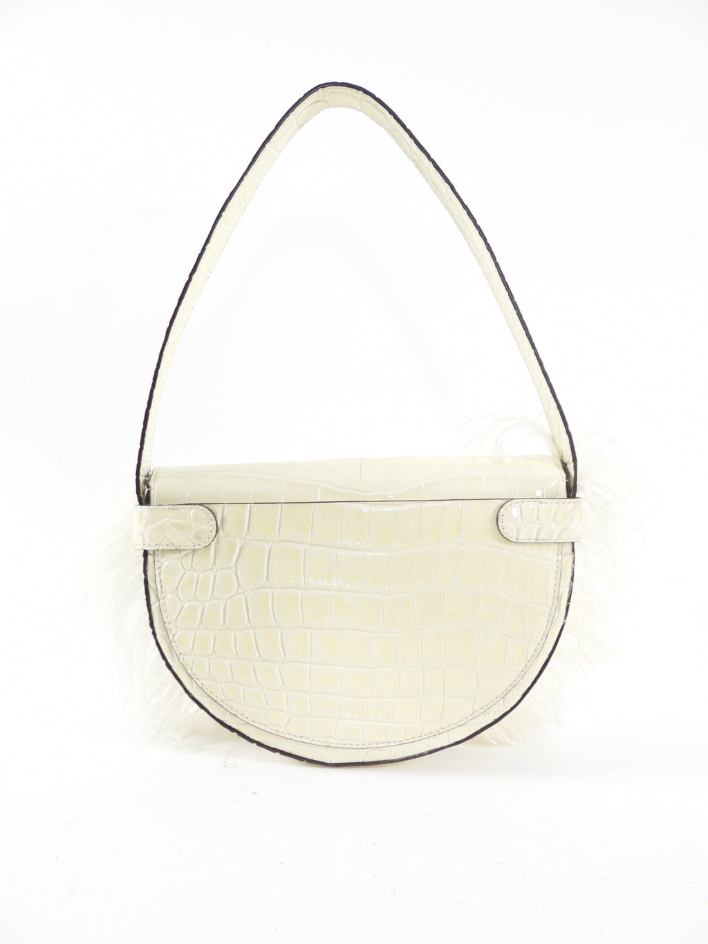 Staud Ivory Faux Embossed Half Moon Shoulder Bag with Feather Trim