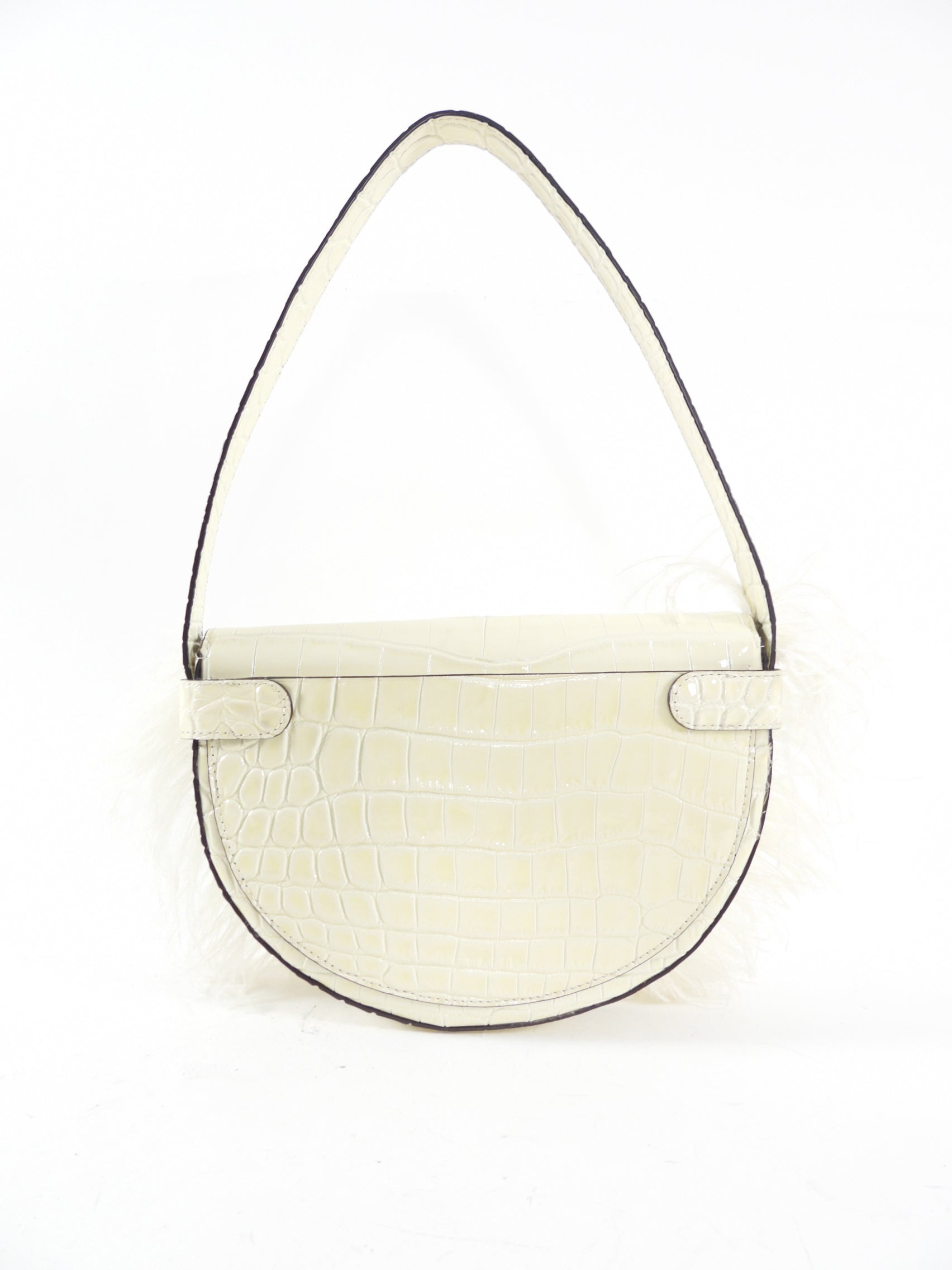 Staud Ivory Faux Embossed Half Moon Shoulder Bag with Feather Trim