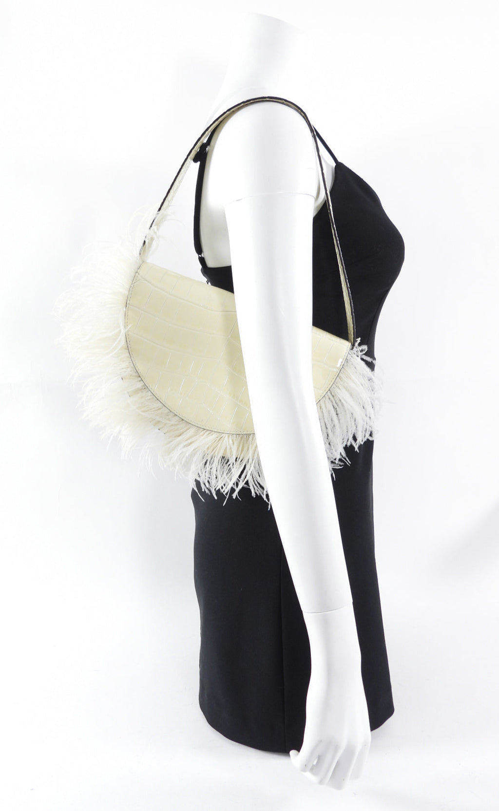Staud Ivory Faux Embossed Half Moon Shoulder Bag with Feather Trim