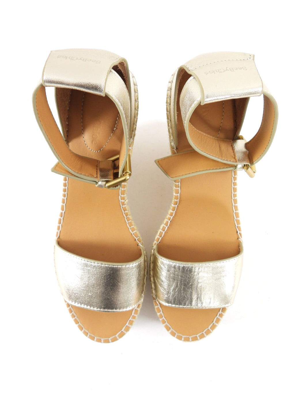 See by Chloe Gold Metallic nappa Leather Glyn Wedge Espadrille Sandals - 41