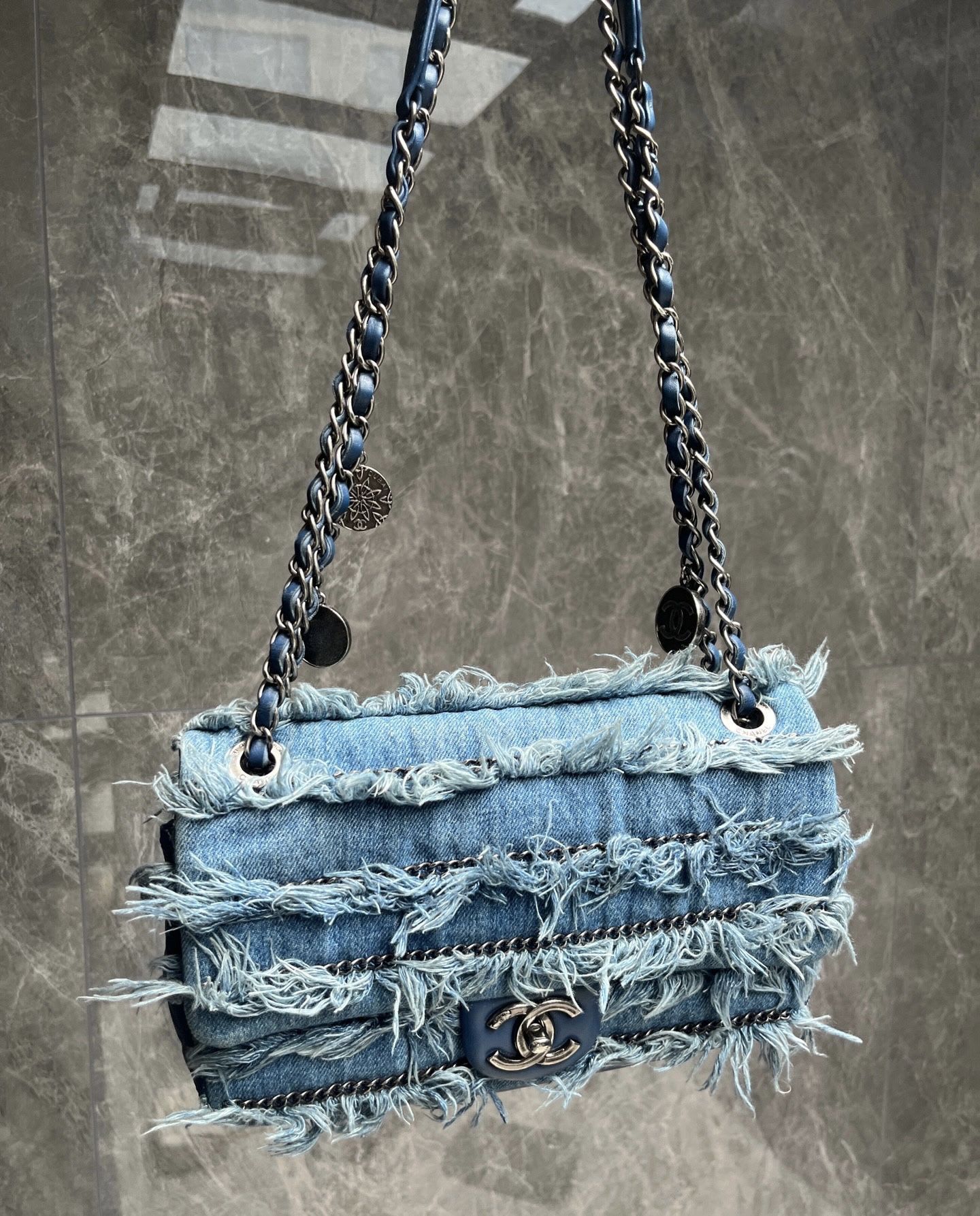 Chanel coin badge tassel denim