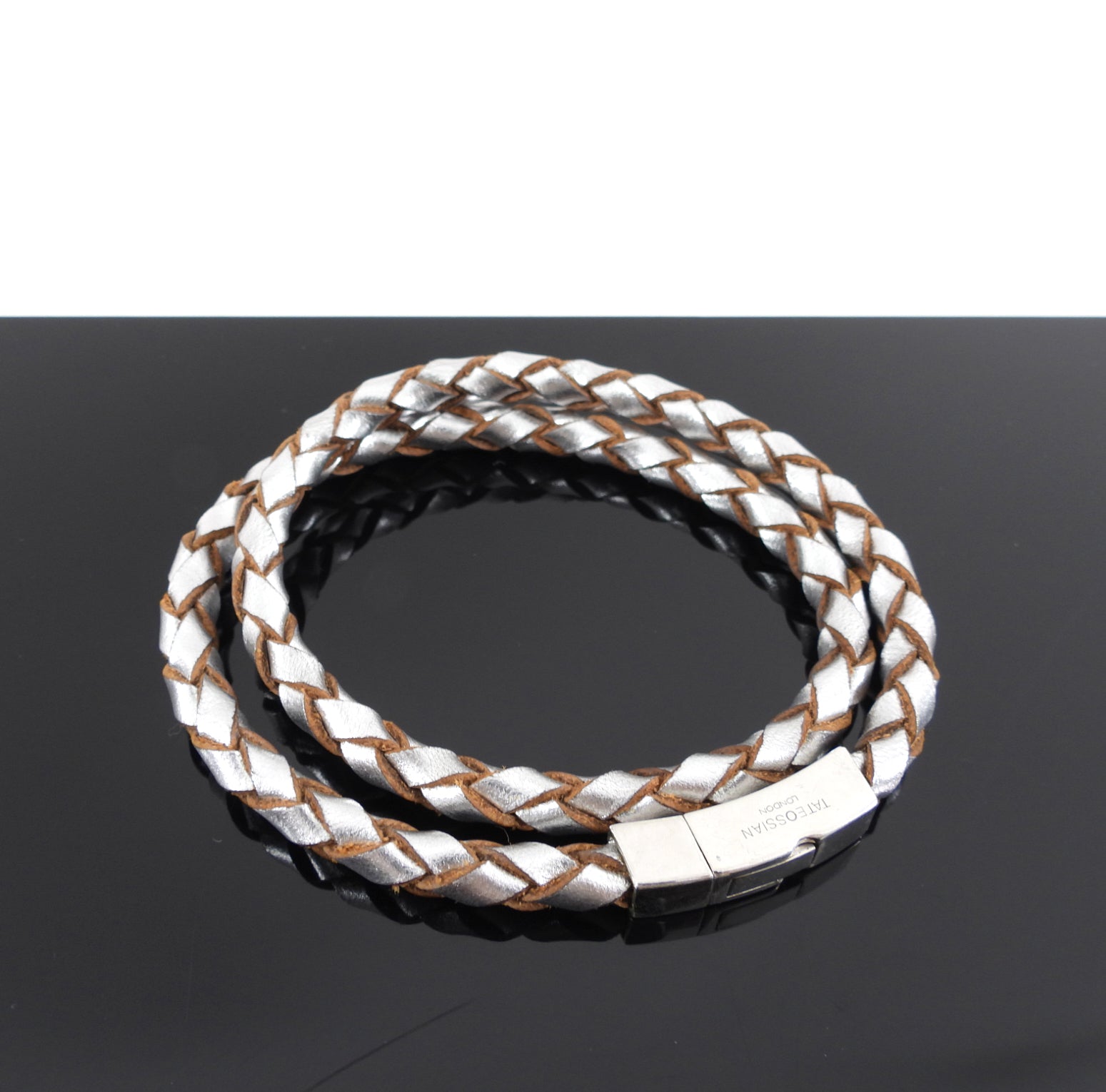 Tate Ossian Silver Leather Braided Double Bracelet