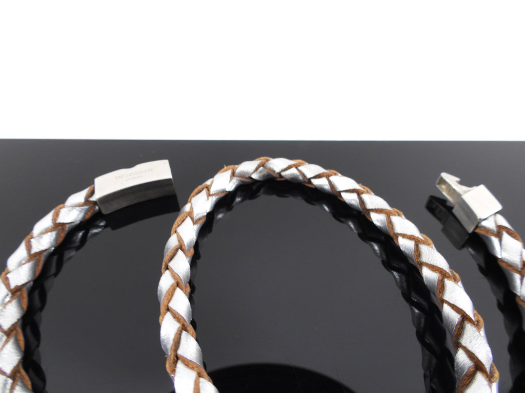 Tate Ossian Silver Leather Braided Double Bracelet