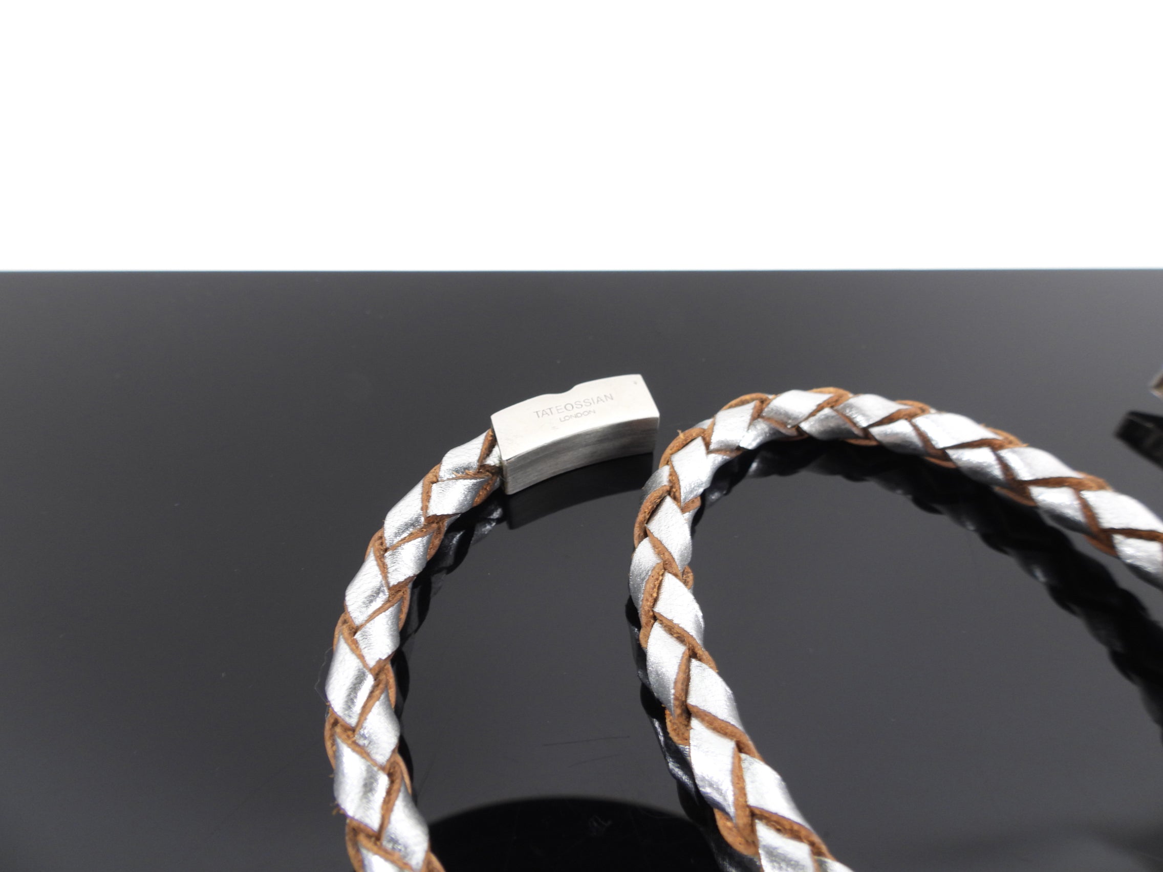 Tate Ossian Silver Leather Braided Double Bracelet