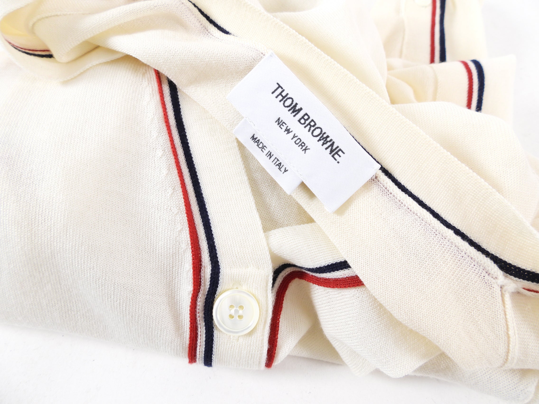 Thom Browne Ivory Fine Knit igan with Red Navy Stripe - IT42 / USA 6
