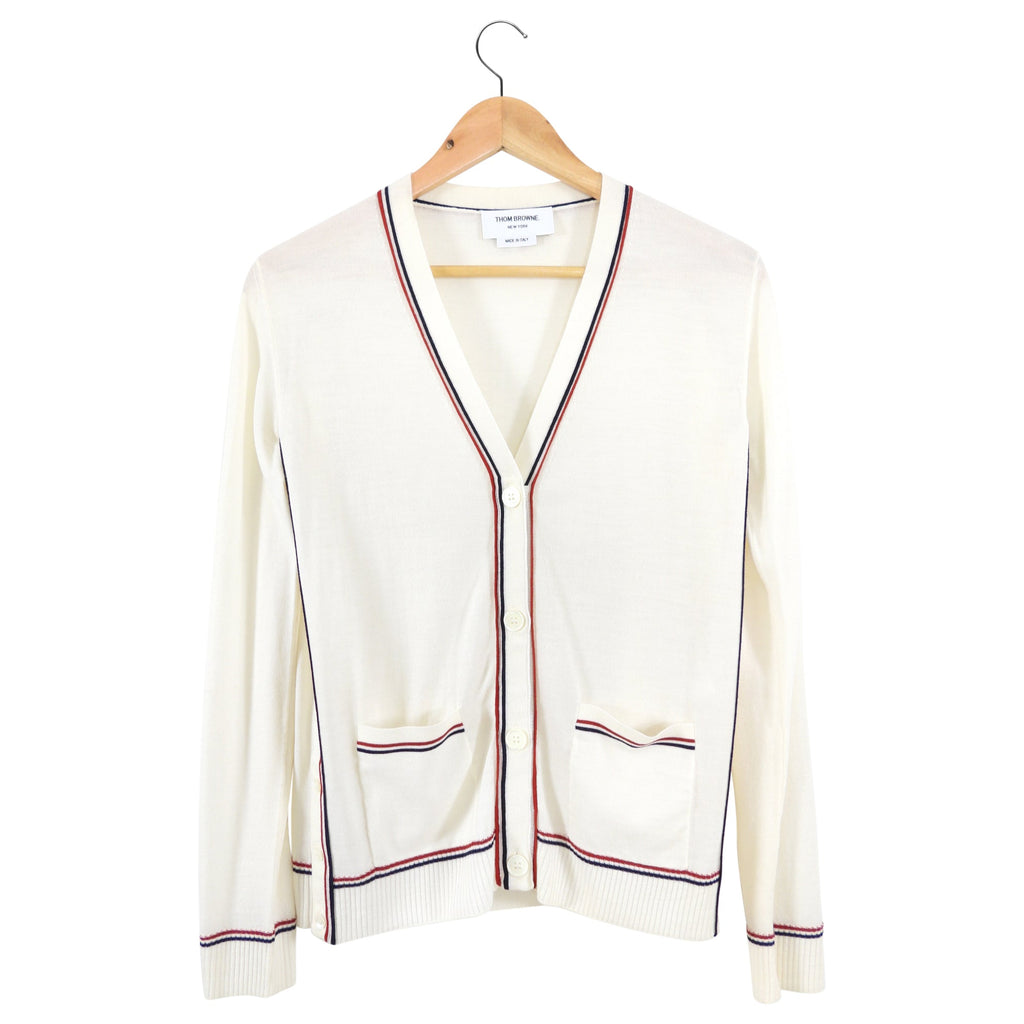 Thom Browne Ivory Fine Knit igan with Red Navy Stripe - IT42 / USA 6