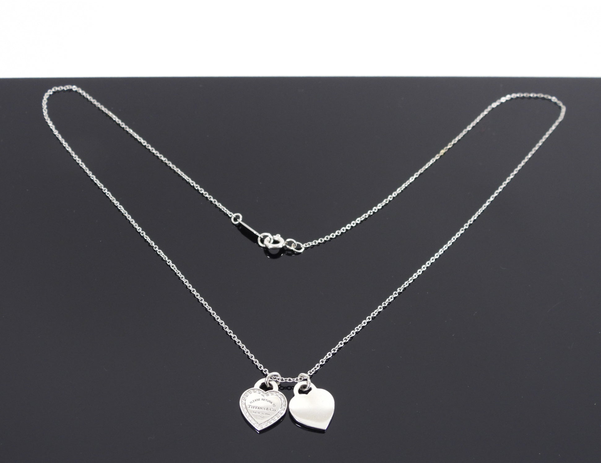 Tiffany & Co.  18k White Gold Diamond Double Heart Tag Necklace