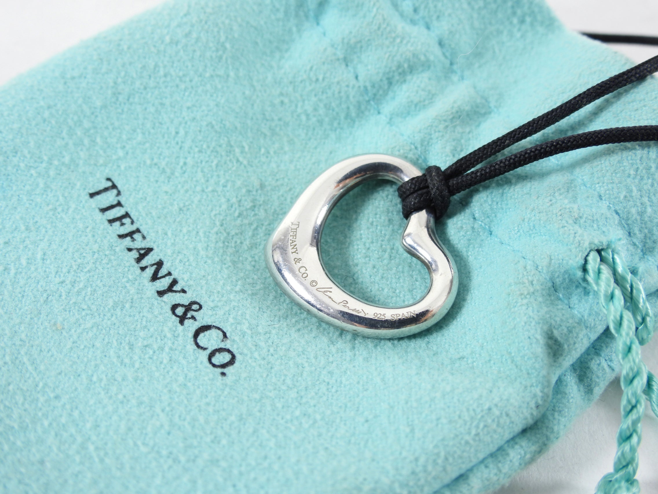 Tiffany & Co. Sterling Silver Peretti Open Heart Diamond Pendant on Cord