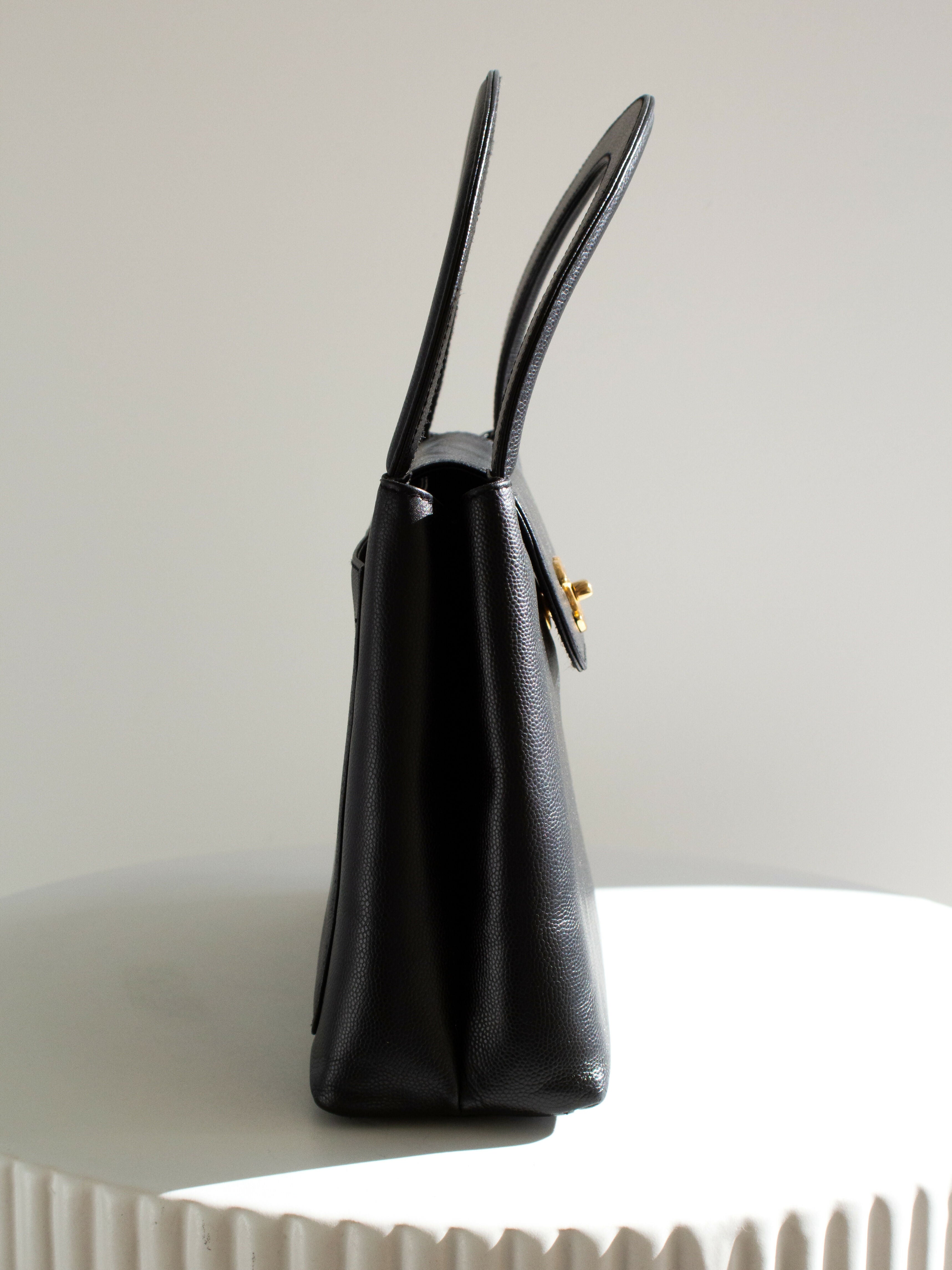 Chanel Vintage 1998 Kelly Black Caviar Leather 24K Gold Top Handle Bag