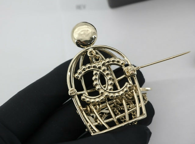 Chanel B22V Rhinestone & Metal Birdcage Brooch