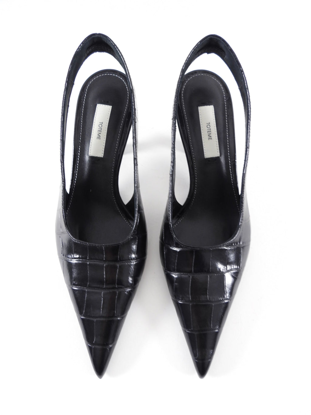Toteme Black Croc Embossed Pointed Slingback Mules - 37